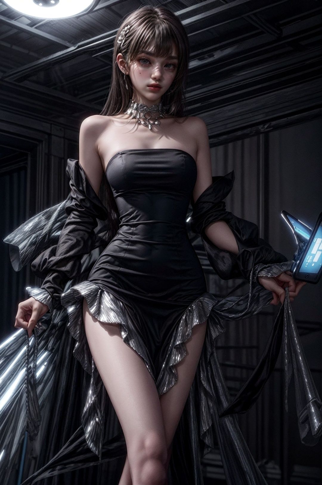 WXFZ007, 1girl, argenteous, black dress, (argenteous flounce), dress, solo, strapless dress, looking at screen,