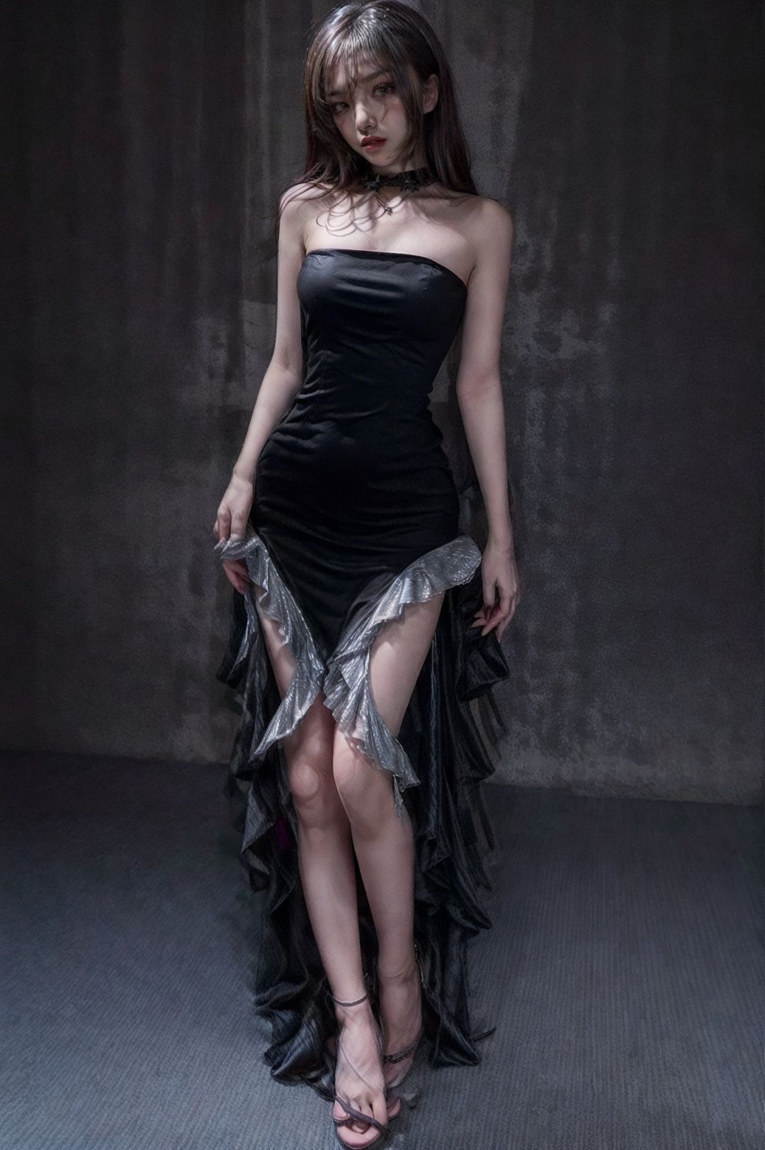 WXFZ007, 1girl, argenteous, (black dress), ((argenteous flounce)), dress, solo, strapless dress, looking at screen,Random position, falbala, (full body)