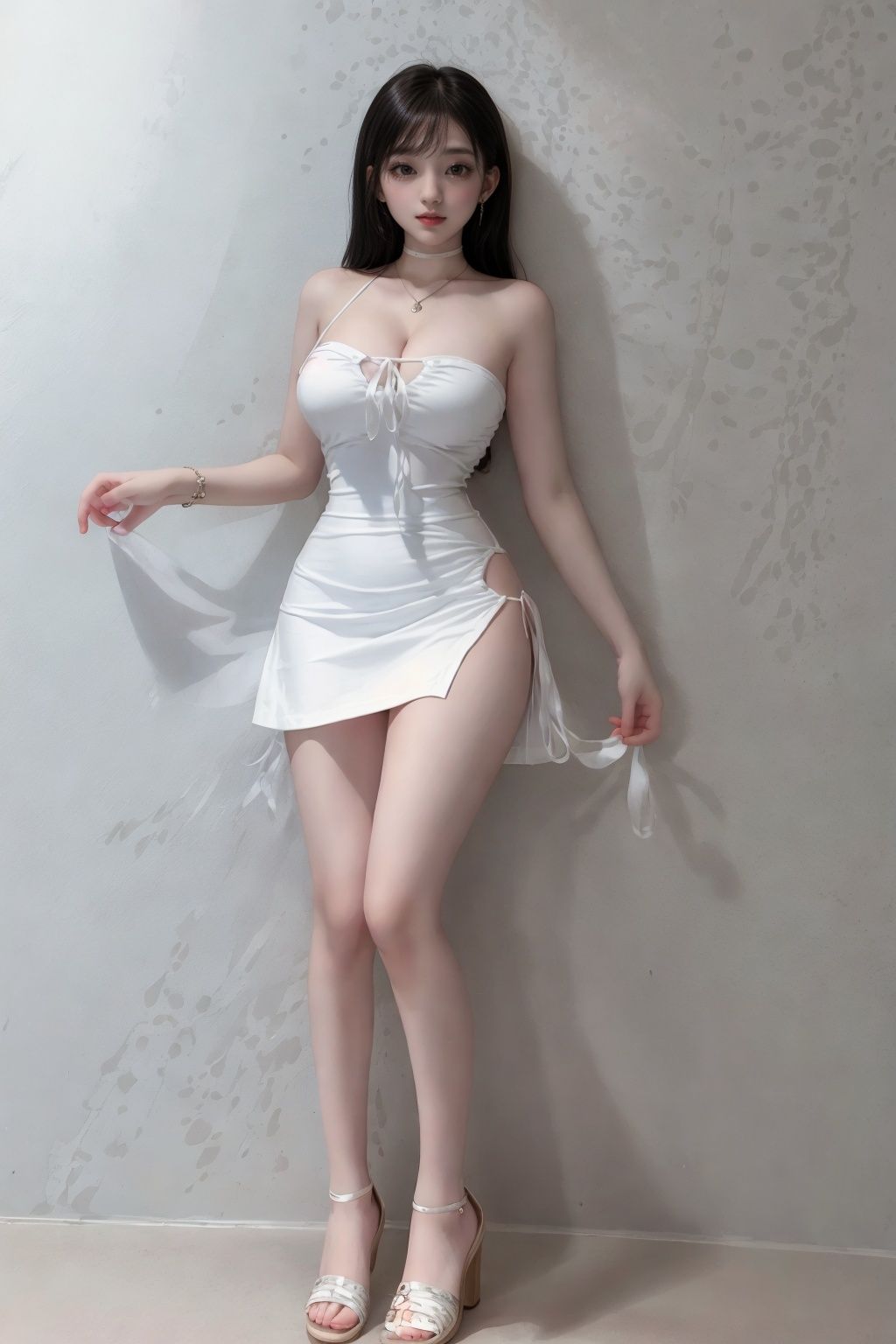 Girl, White Skirt, Full Body, Wall, White Dress, Skirt side open