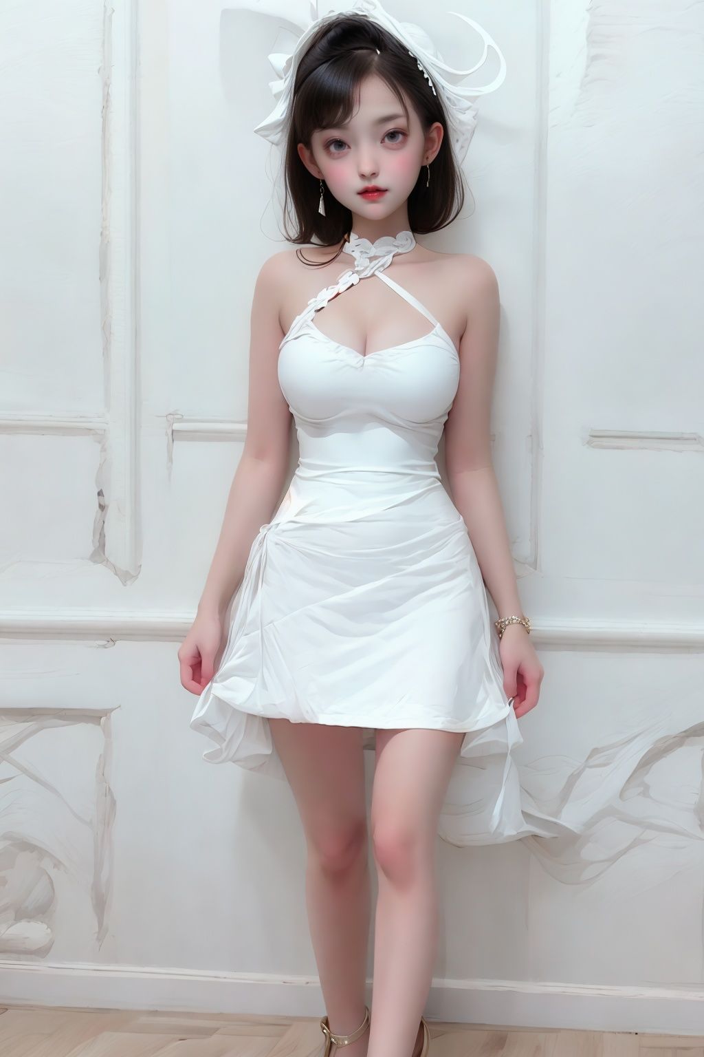 Girl, White Skirt, Full Body, Wall, White Dress, Skirt side open