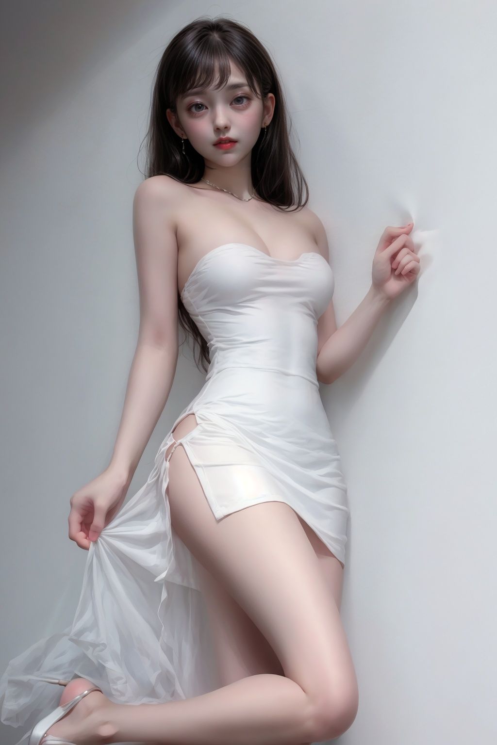 Girl, White Skirt, upskirt, Full Body, Wall, White Dress, Skirt side open,