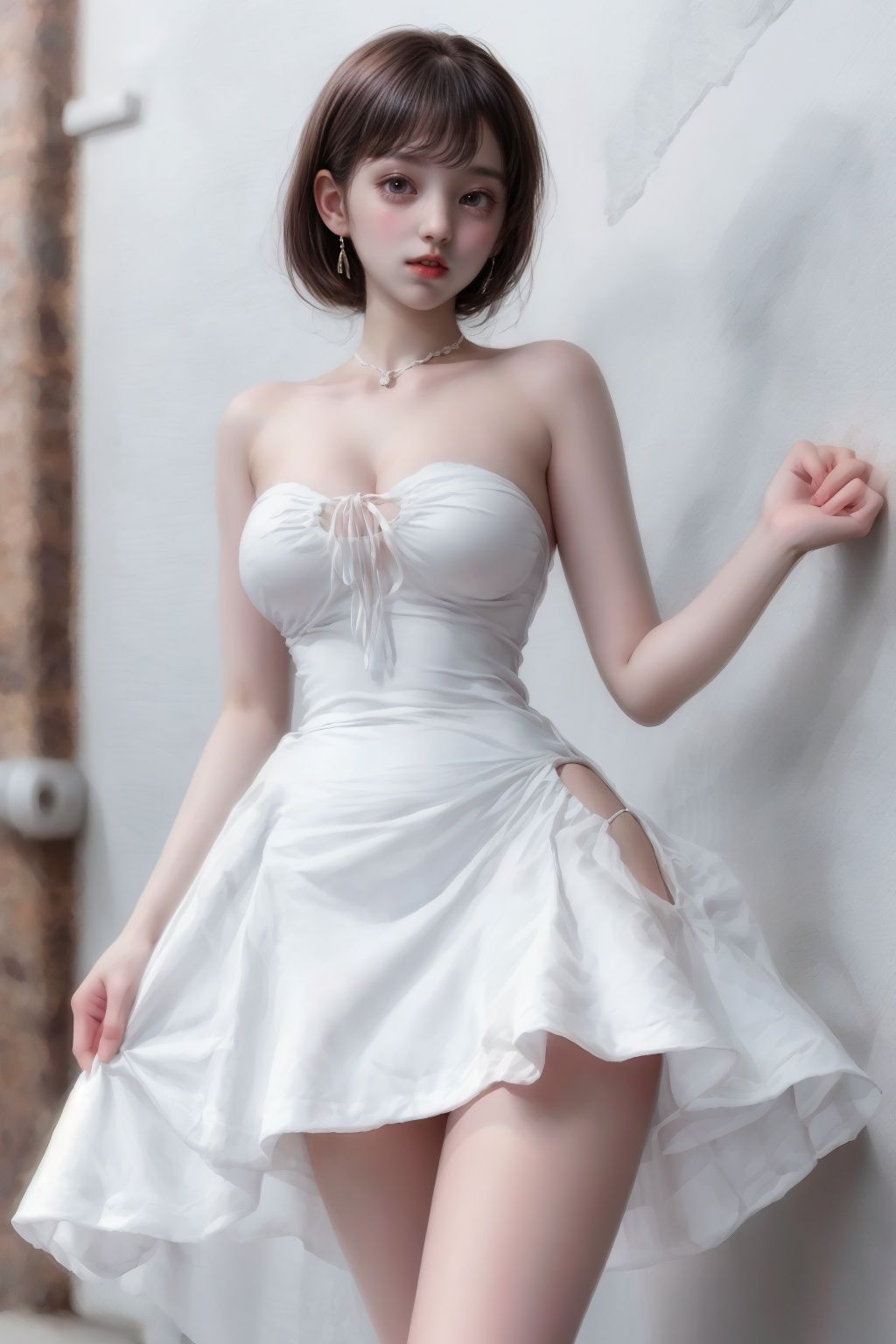 Girl, White Skirt, upskirt, Full Body, Wall, White Dress, Skirt side open,