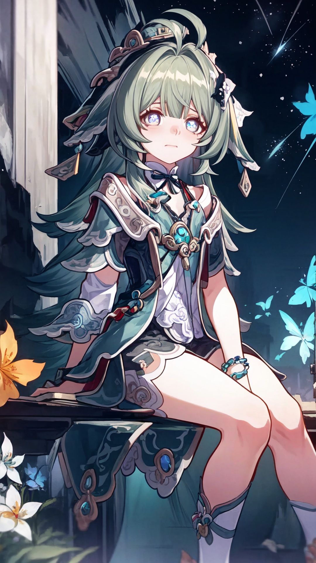 masterpiece, best quality, , 1girl,,, long hair,twintails,hair rings,hair ornament,forehead jewel,simple background, ,1girl,huliya,,star_(sky) ,night,full body,,(((sitting ))), there are a lot of flowers in the bottle,,huohuohsr,cute,(little girl:0.9),huohuohsr,xingqiongtiedao,(cute:1.2),crying_with_eyes_open
