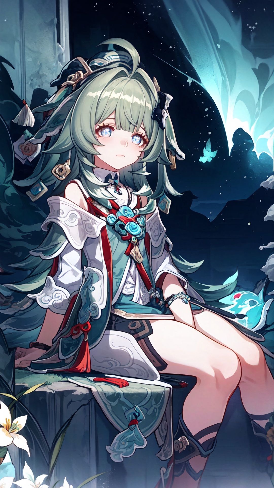 masterpiece, best quality, , 1girl,,, long hair,twintails,hair rings,hair ornament,forehead jewel,simple background, ,1girl,huliya,,star_(sky) ,night,full body,,(((sitting ))), there are a lot of flowers in the bottle,,huohuohsr,cute,(little girl:0.9),huohuohsr,xingqiongtiedao,(cute:1.2)