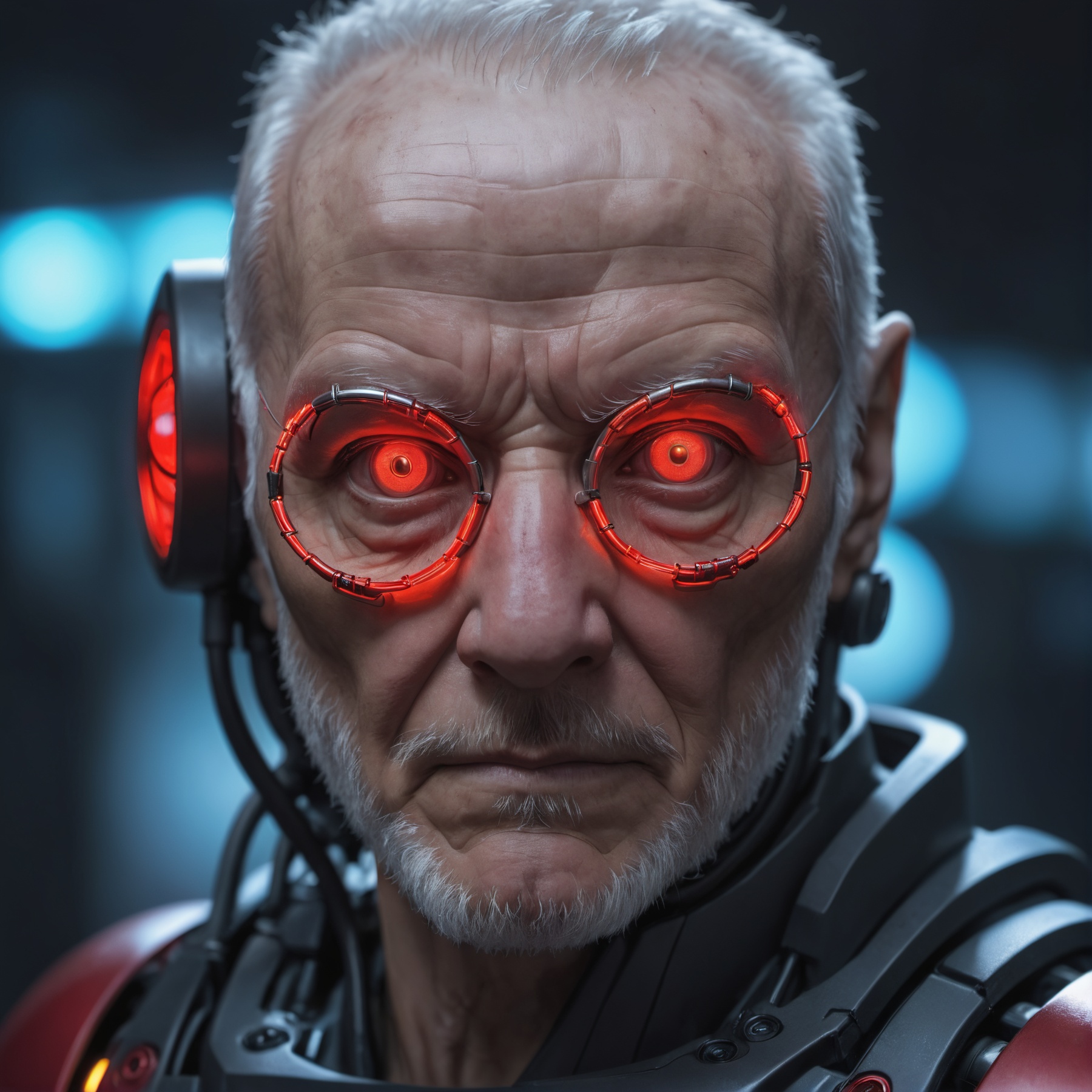 closeup picture of an old cyberpunk man red glowing robot eyes,  high quality photography,  3 point lighting on Tensor.Art