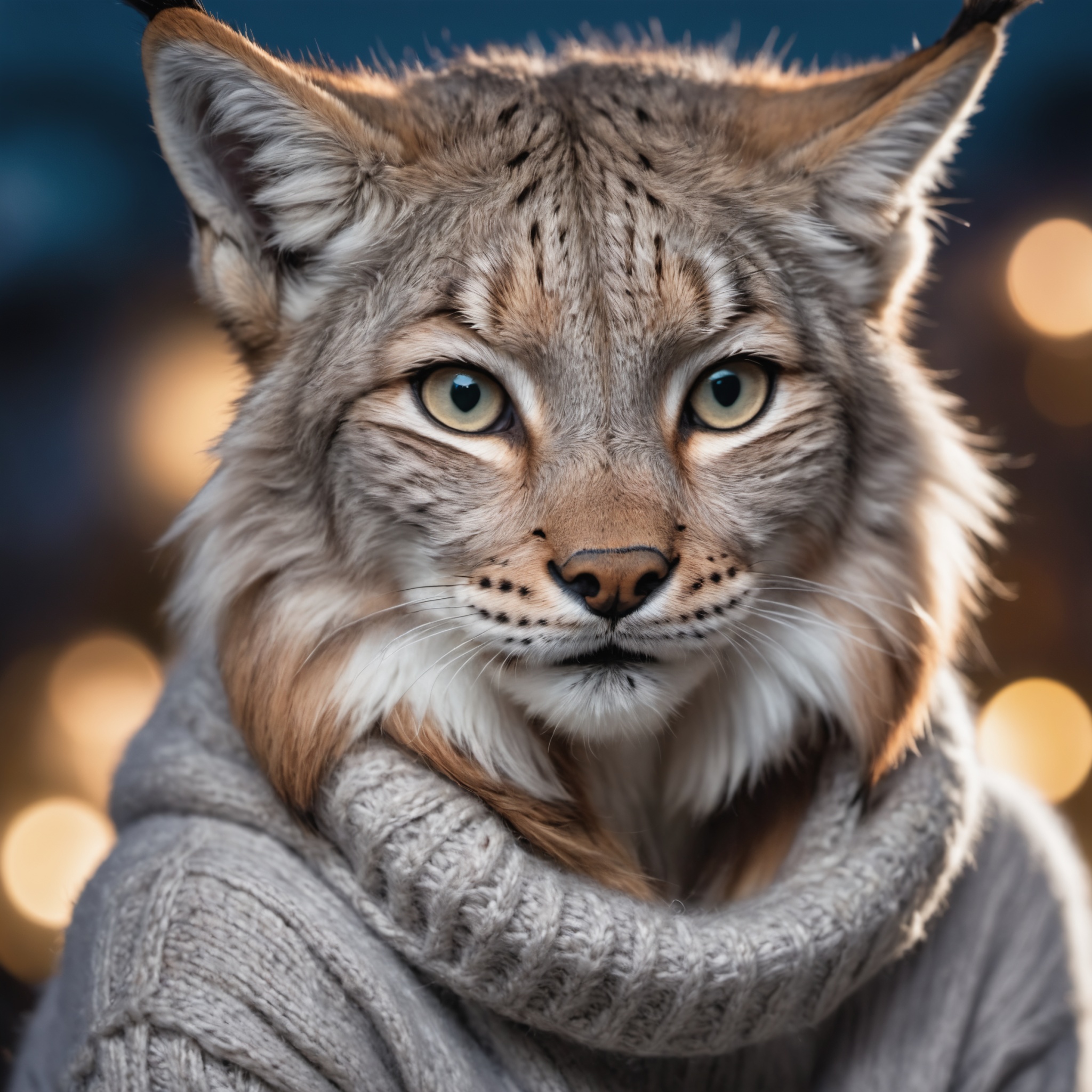 Closeup of an anthro furry lynx female wearing a wool sweater,  high quality photography,  3 point lighting on Tensor.Art