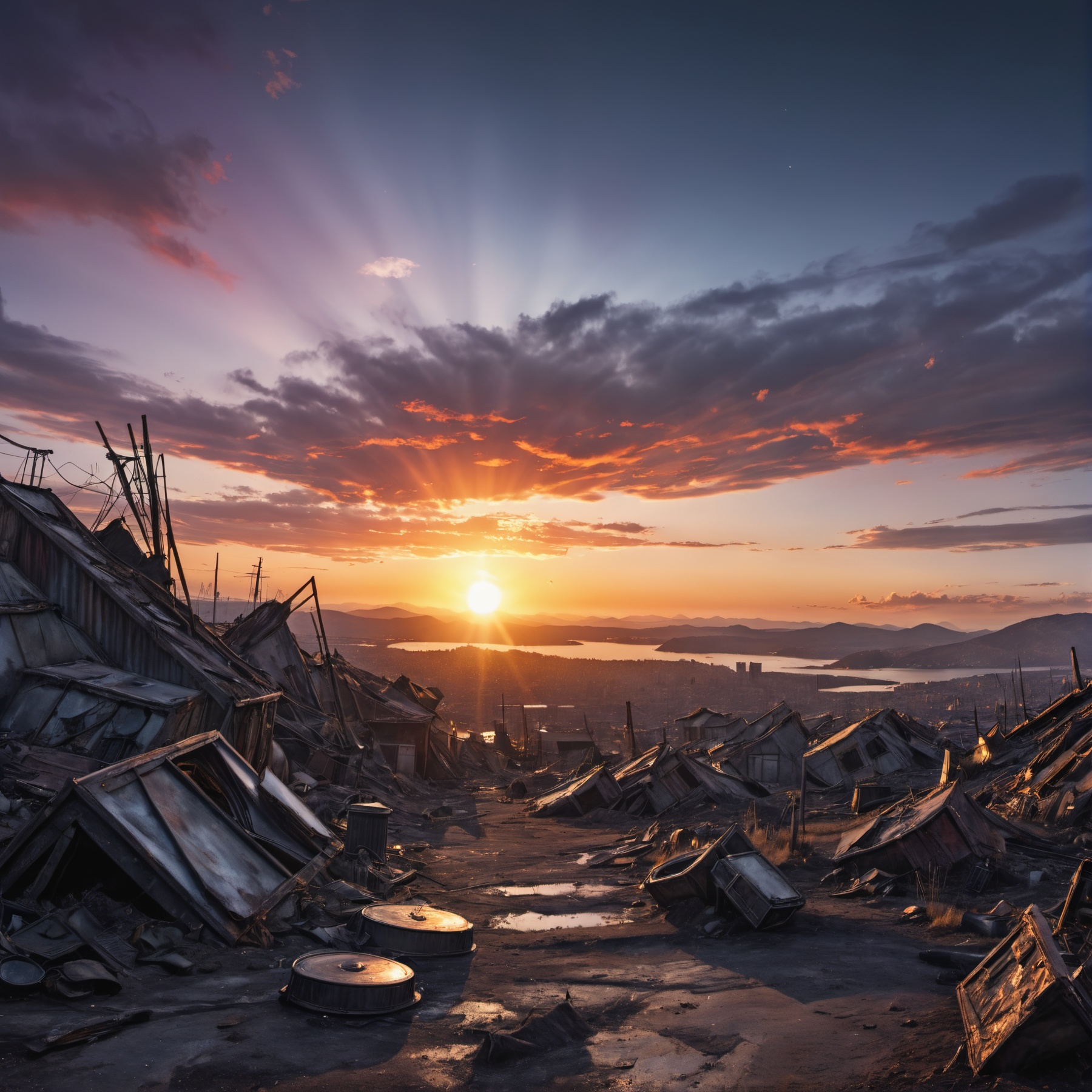 post-apocalyptic sunset at the end of the world of the new dawn aquarelle drawing,  high quality photography,  3 point lig...