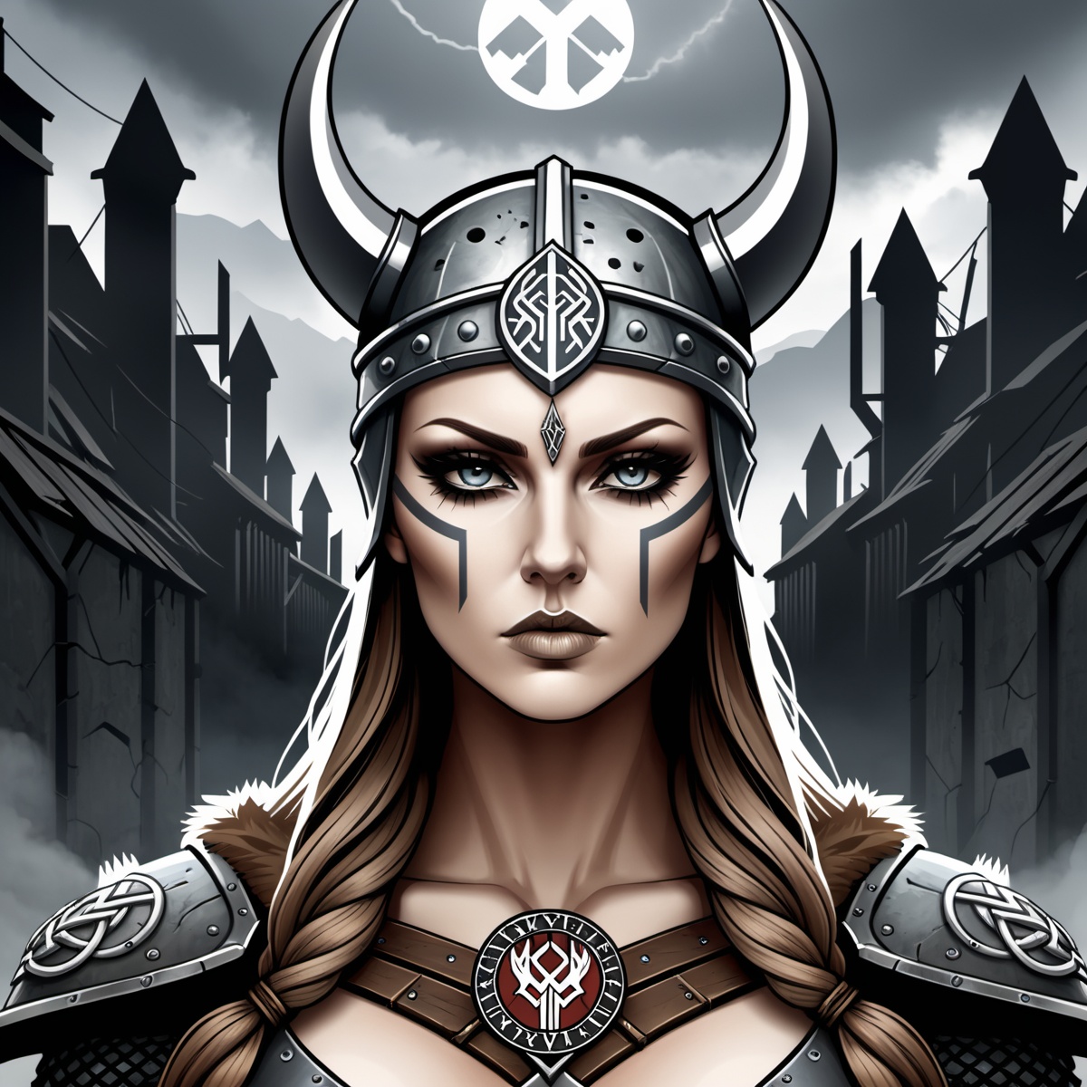 Dystopian style viking woman after battle,  2d vector illustration,  emblem logo on Tensor.Art