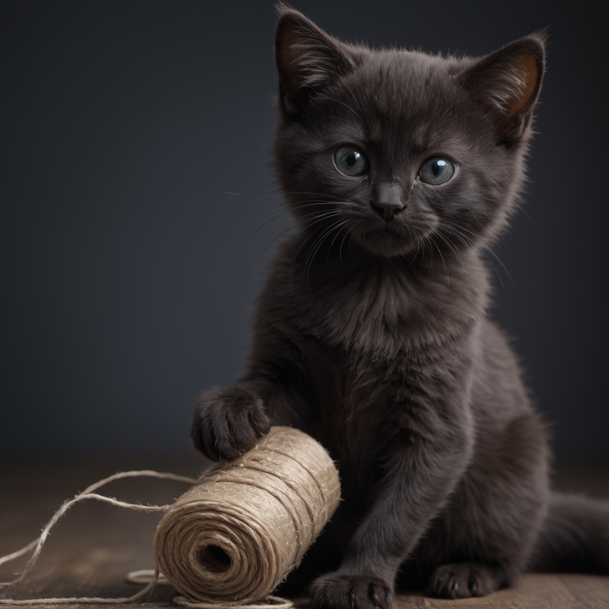 Closeup photo upper body of an black kitten play with a roll of string,  detailed realistic fluffy fur,  high quality phot...