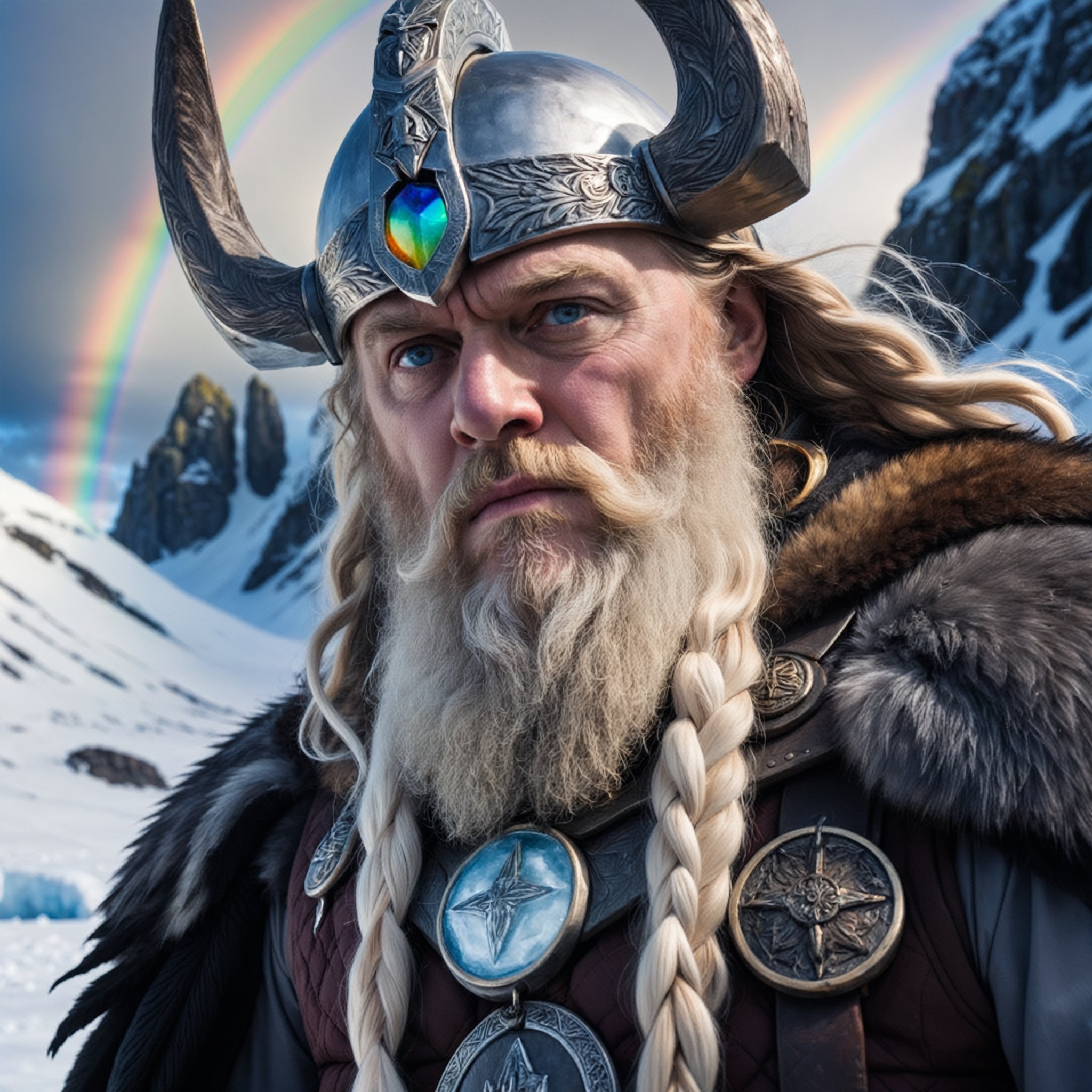 Epic Closeup photo of Odin in an ice landscape,  an rainbow is in the background on Tensor.Art