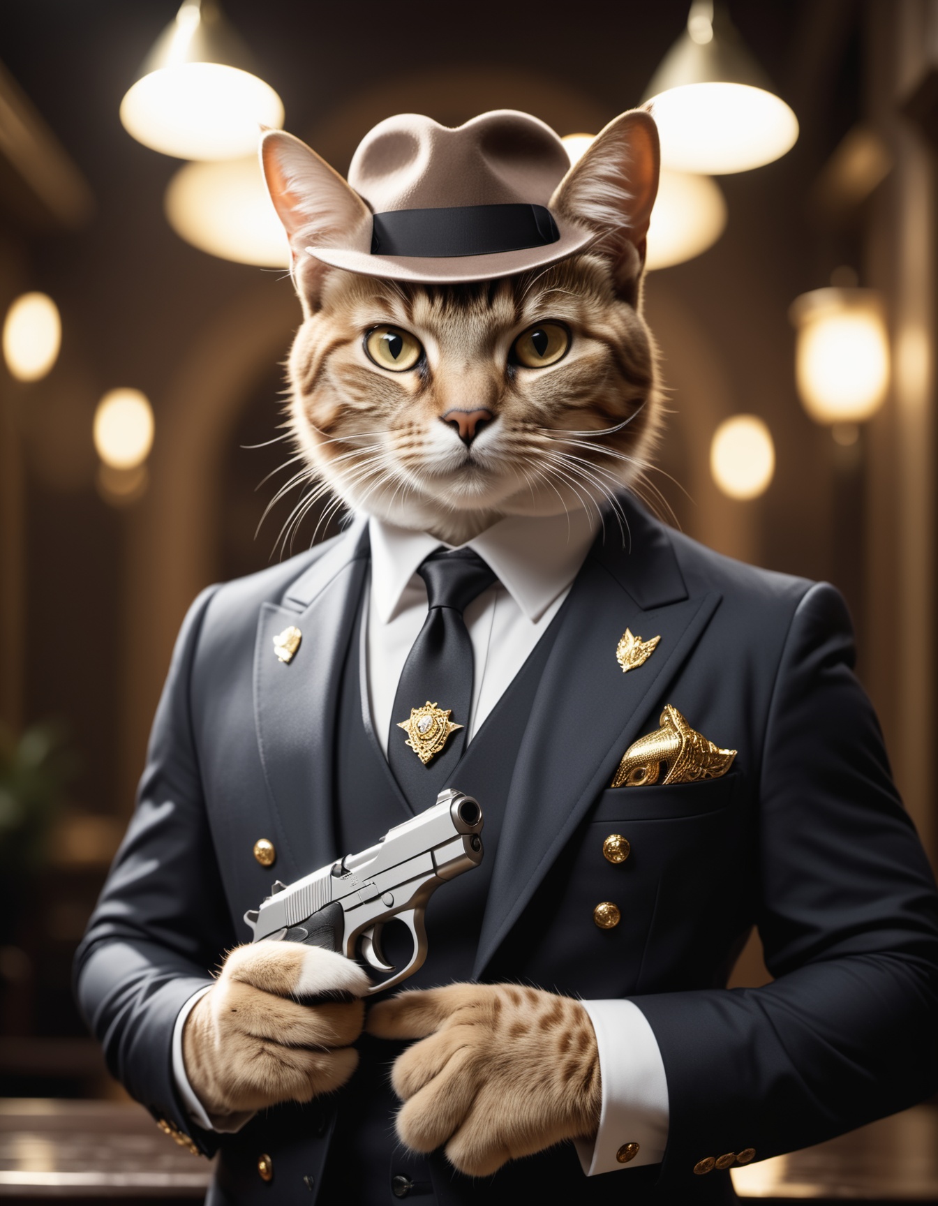 cinematic film still ((BBC Style)) picture of an cat mobster in (wildlife) ,  holding his golden beretta pistol towards vi...