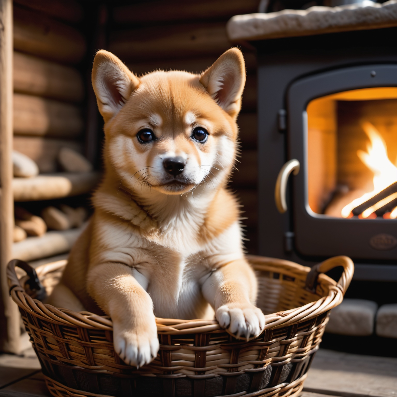 closeup of a cute shiba inu puppy is sitting in an basket in an mountain hut near the warm stove. shallow depth of field,...