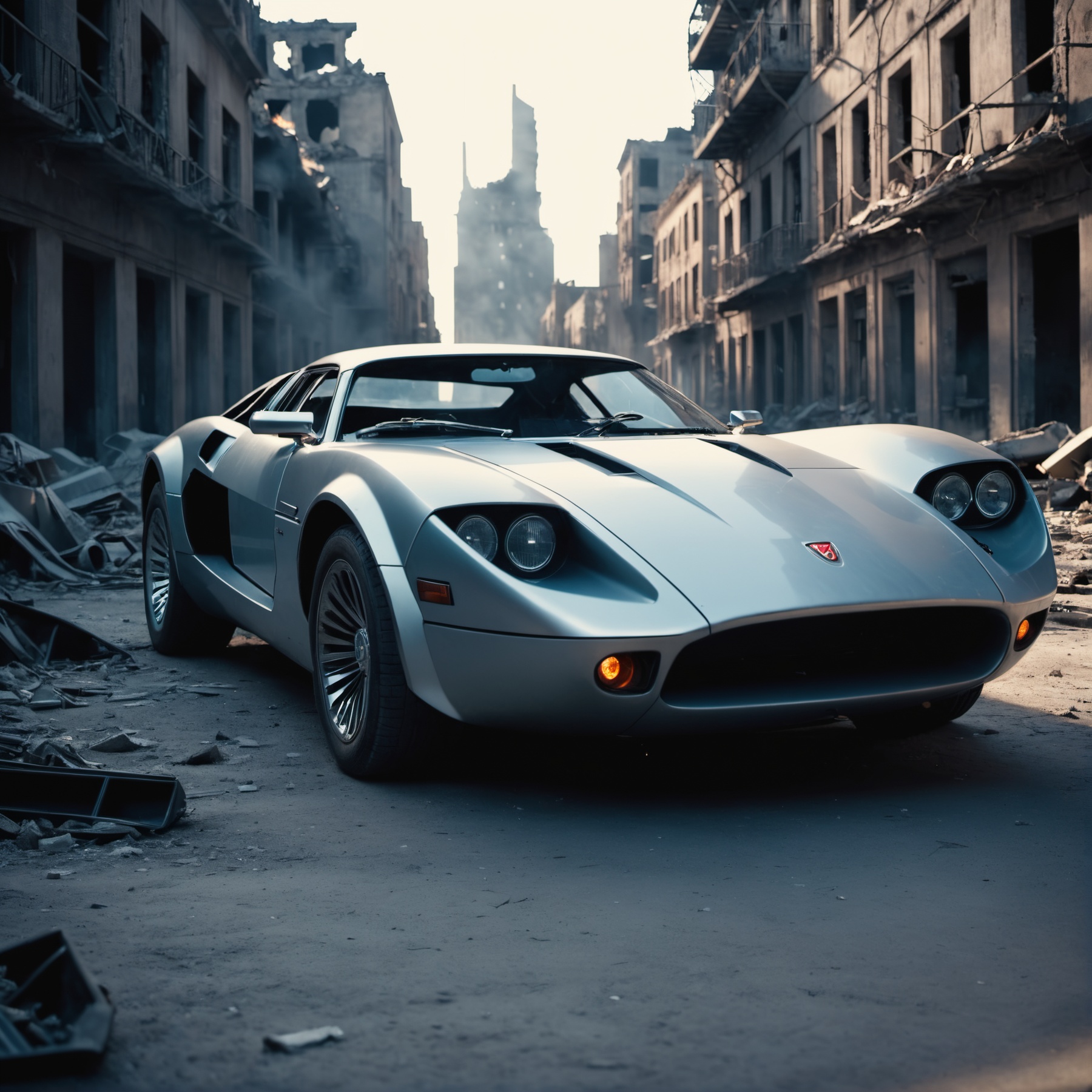 cinematic film still an futuristic cyberpunk,  dieselpunk sports car in a destroyed city after an nuclear blast . shallow...