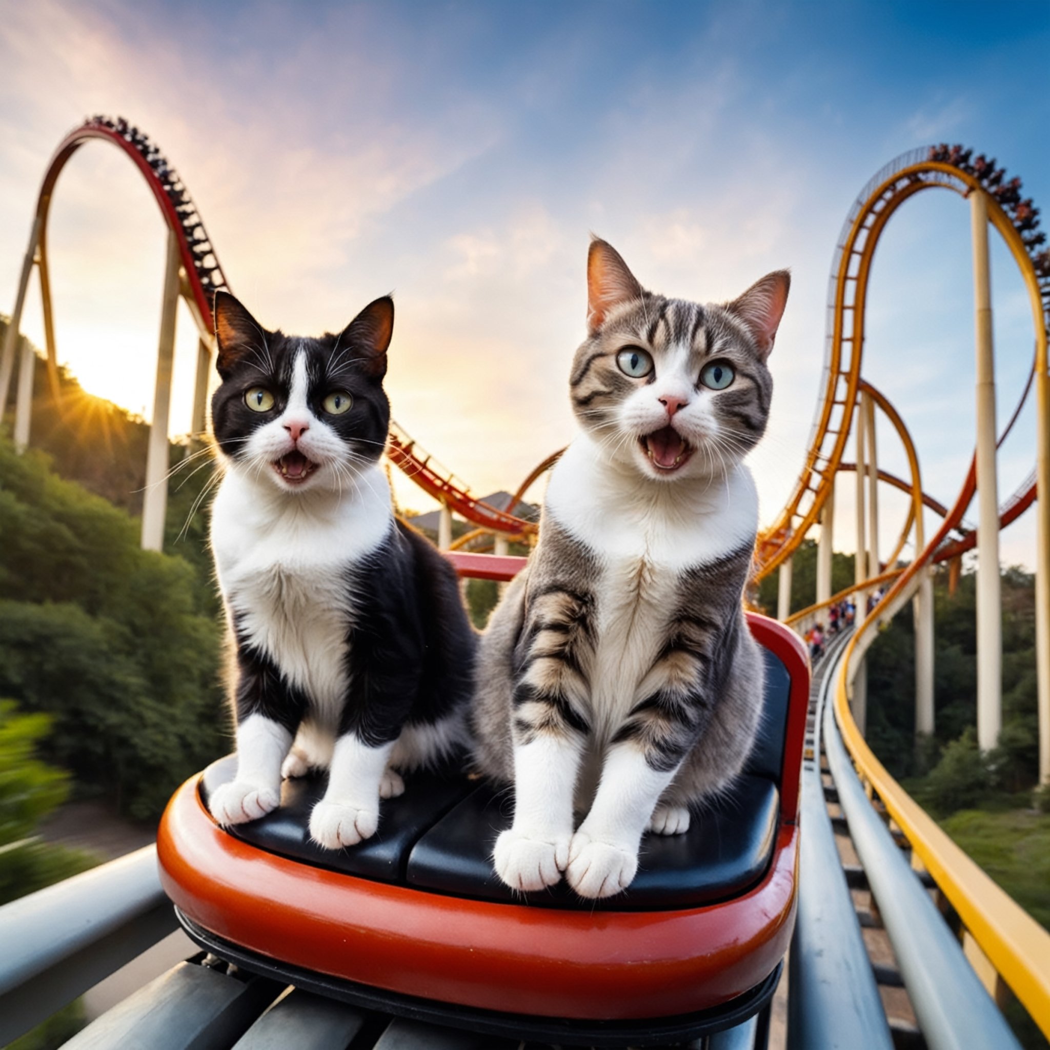 2 cat are riding a rollercoaster on Tensor.Art
