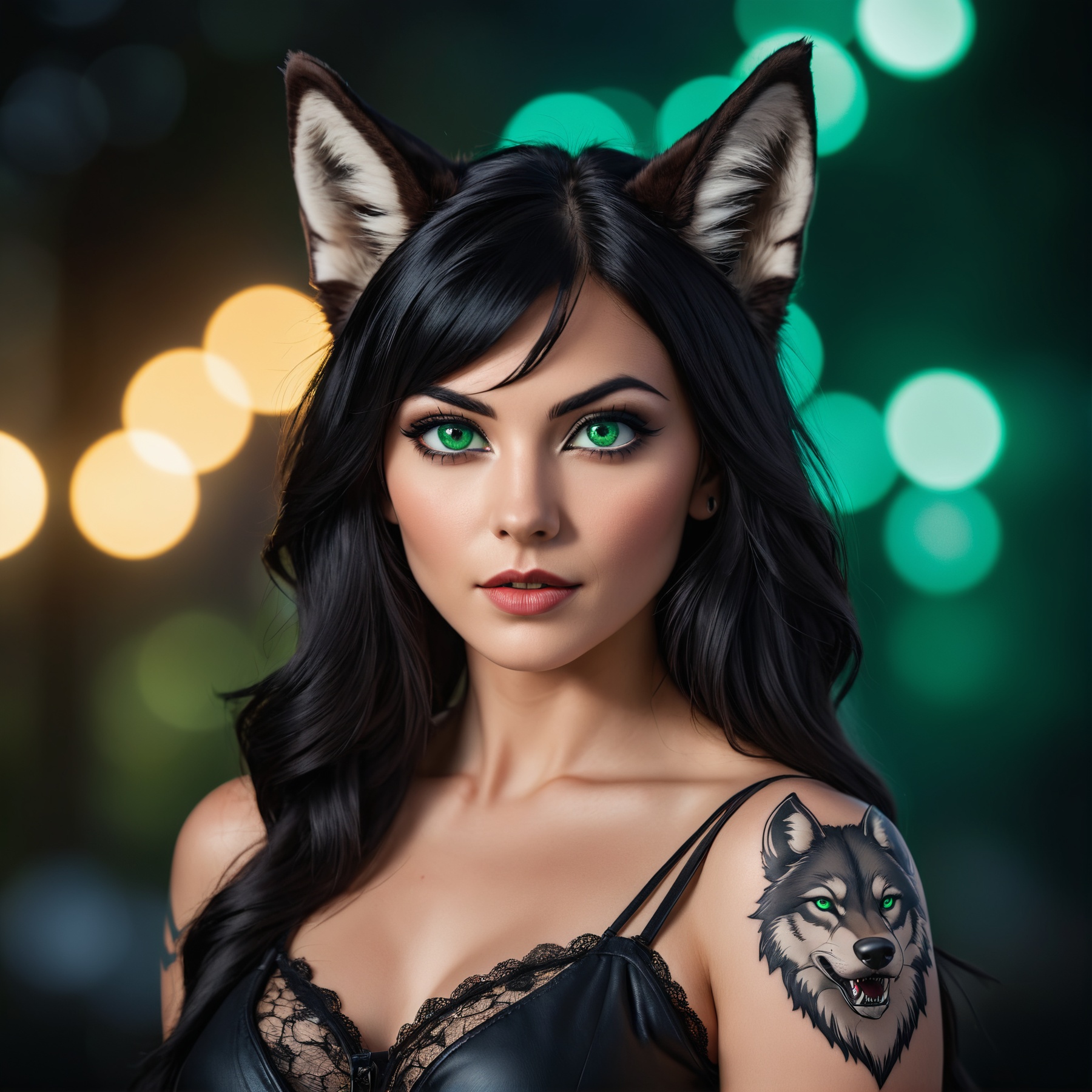 cinematic photo cinematic photo closeup face portrait of a black haired women with wolf ears ,  deep green eyes,  tatoo on...