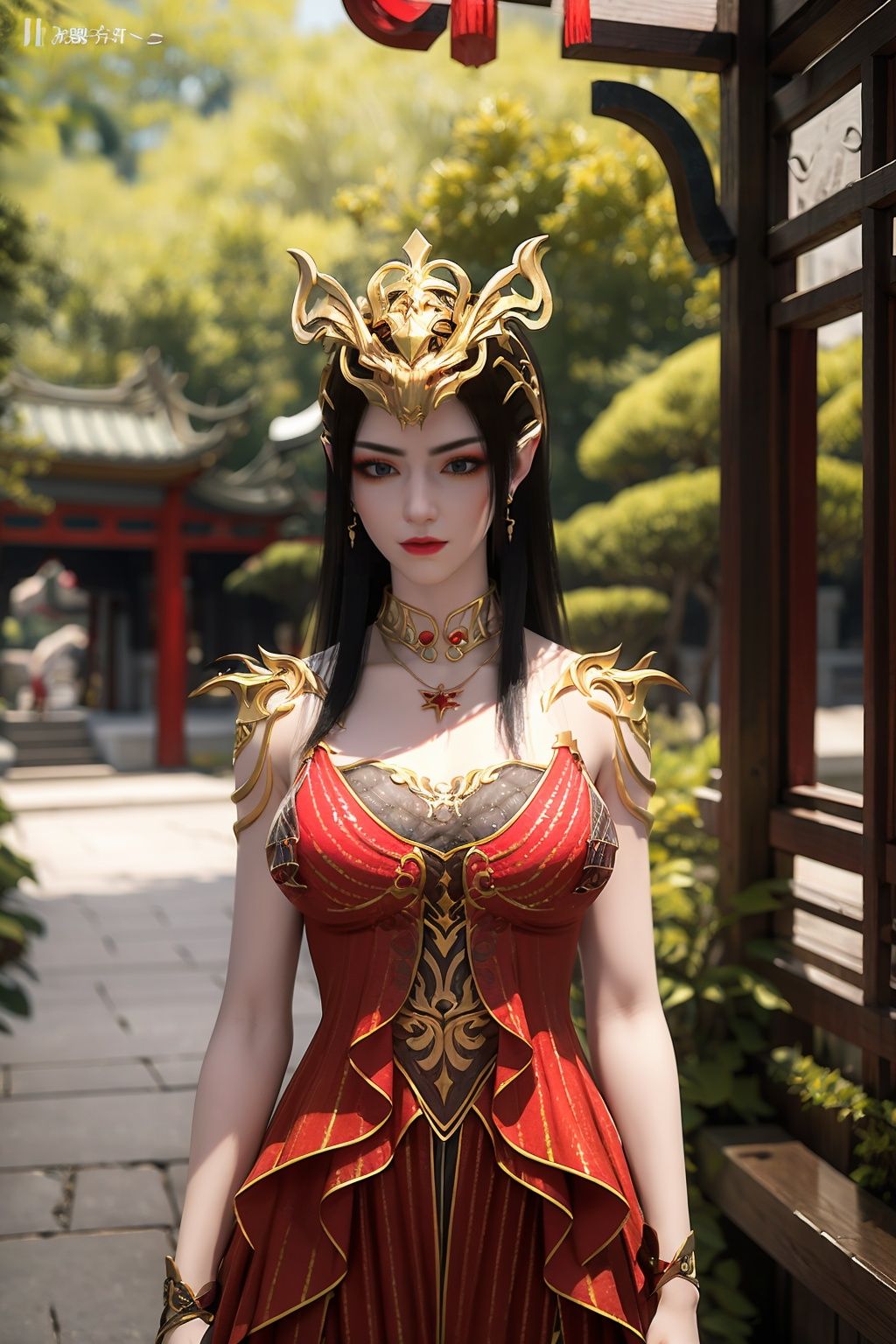 RAW, colorful, (masterpiece, best quality), (ulzzang-6500-v1.1:0.4), (pureerosface_v1:1.1), (detailed skin, detailed face:1.1), dslr, realistic, sharp focus, (cowboy shot:1.4), ---------------------------------------------------------------------------------------------------------------------------------------------------------------------------------------------------------------------------------------------, (Chinese traditional garden:1.3), ---------------------------------------------------------------------------------------------------------------------------------------------------------------------------------------------------------------------------------------------, ---------------------------------------------------------------------------------------------------------------------------------------------------------------------------------------------------------------------------------------------, <lora:meidusaha5-000006:0.8>, (red dress:1.2), (dress:1.2), (meidusha:1.1), solo, (1girl:1.1), jewelry, earrings, brown hair, black hair, (hair ornament:1.3), long hair, breasts, pointy ears, necklace, ====================================================================================================================================================, 