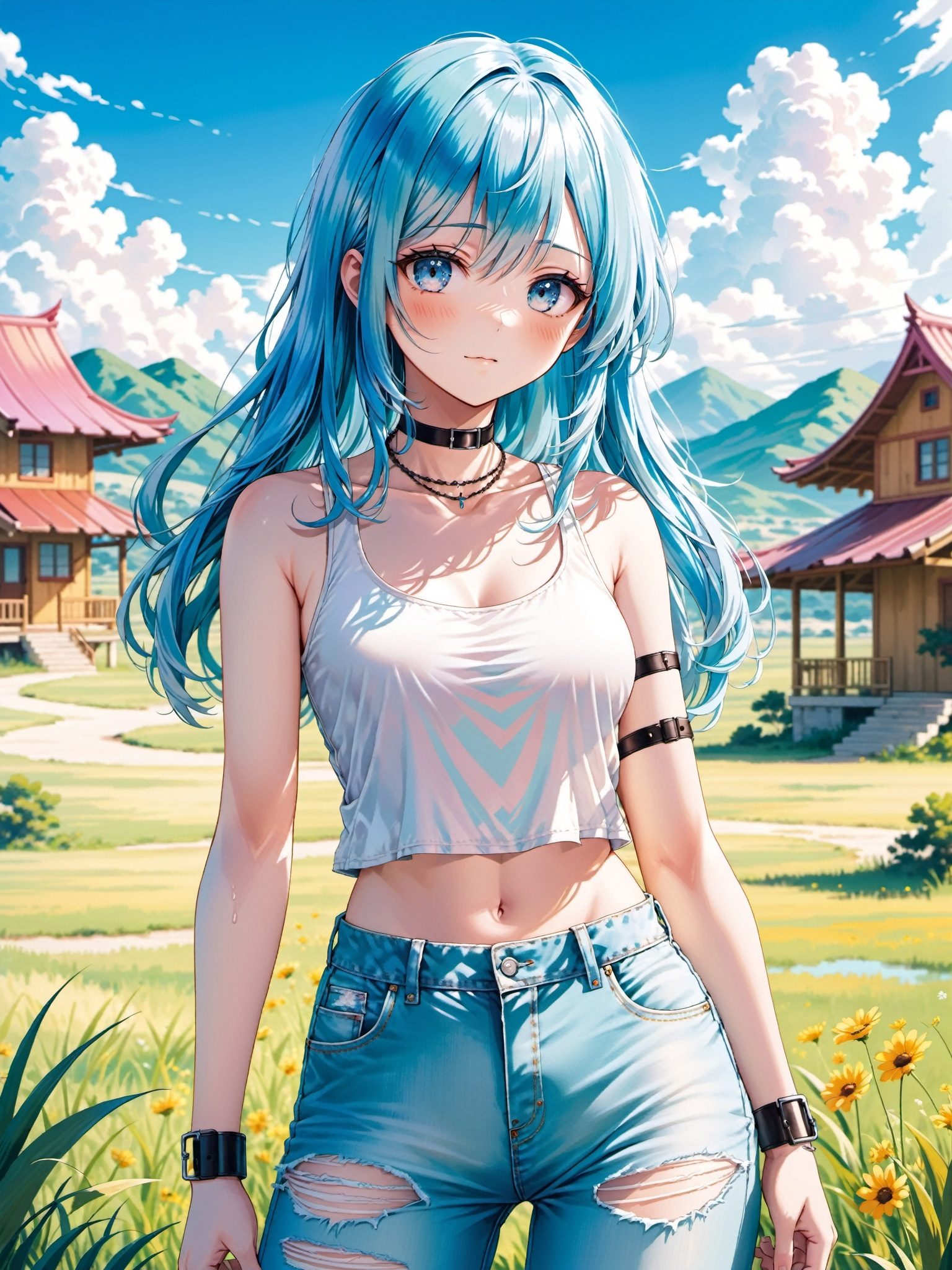 girl as the central focus. She should have long,  light blue hair and wear a **** top and cropped pants. Additionally,  sh...