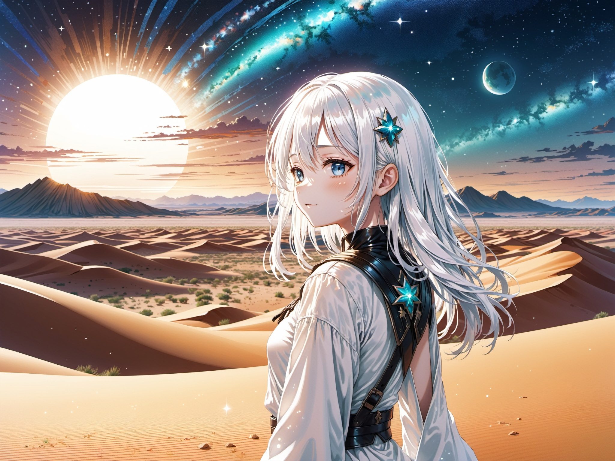 Wide drawing of a girl with pearly white hair,  gazing forward,  amidst a scene of a vast desert with oases that sparkle u...
