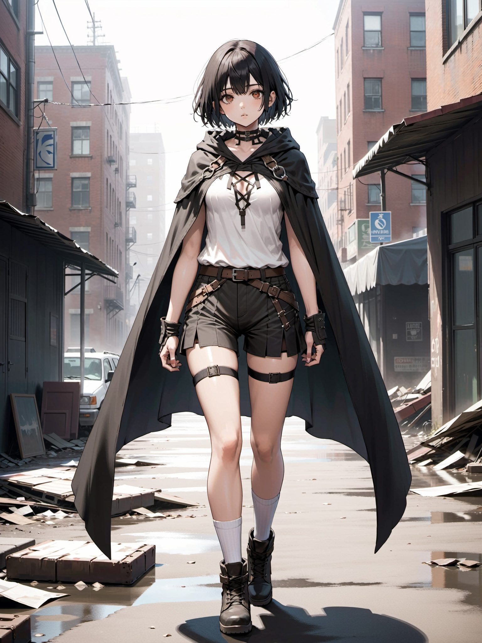 girl in a post-apocalyptic world. The character should have black short bob hair,  brown eyes,  and wear a black cloak de...