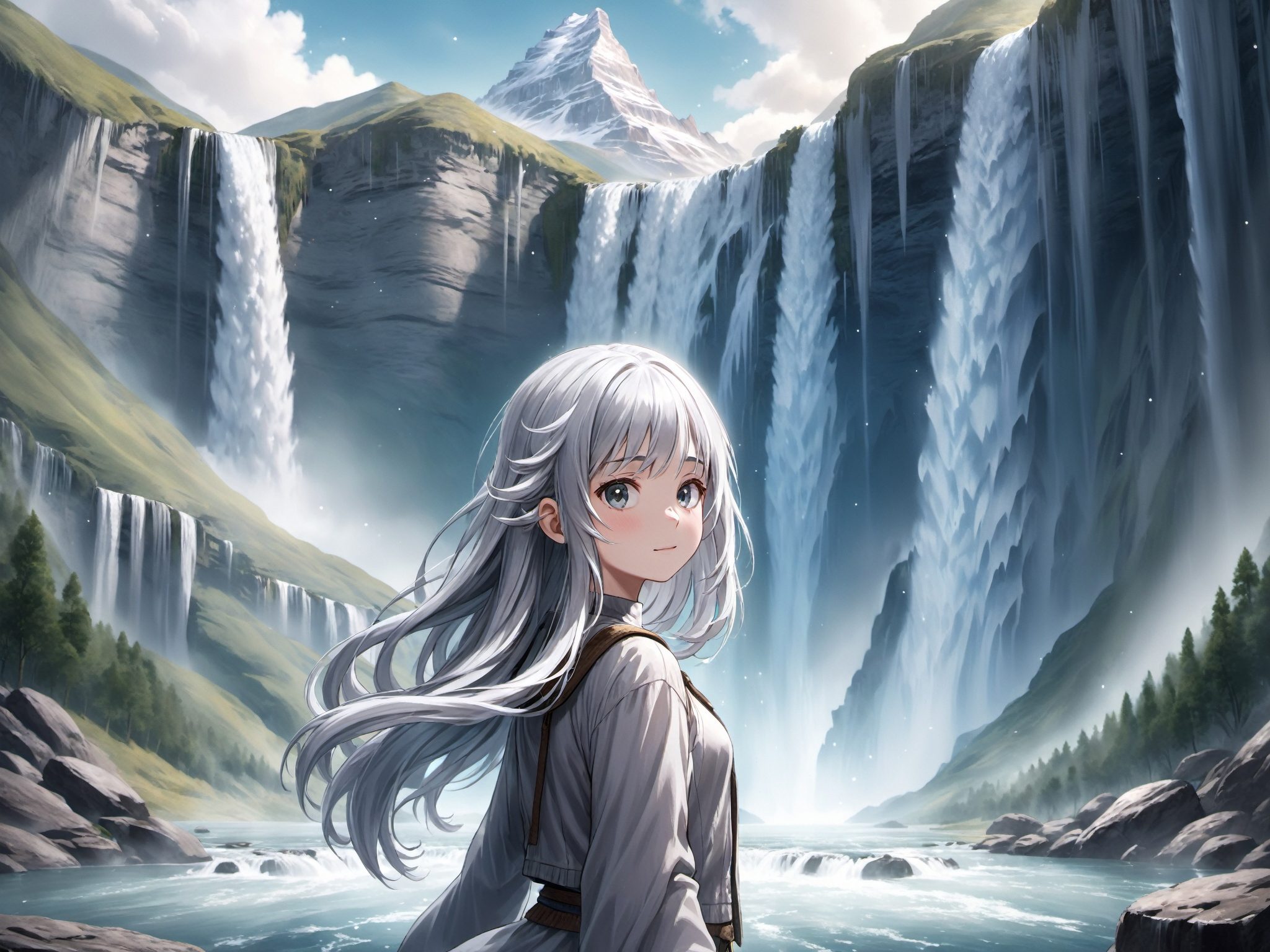Wide render of a girl with shimmering silver hair facing the viewer,  in a world where waterfalls flow from the sky and mo...