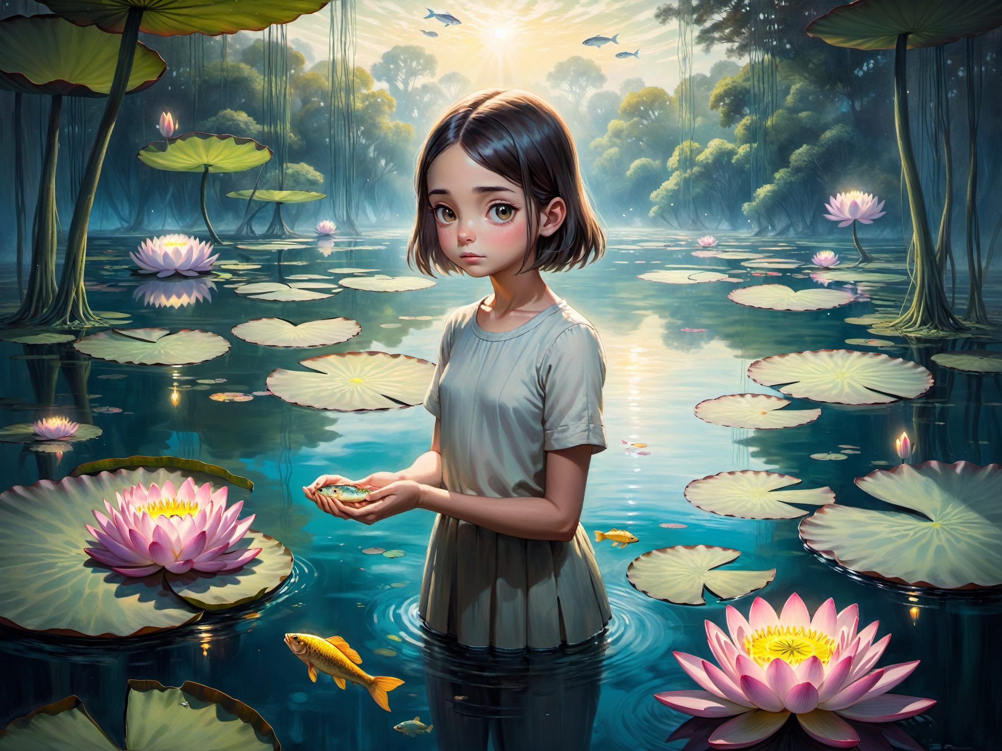Wide oil painting of a girl looking directly at the viewer,  amidst a setting where gigantic water lilies float on a mysti...