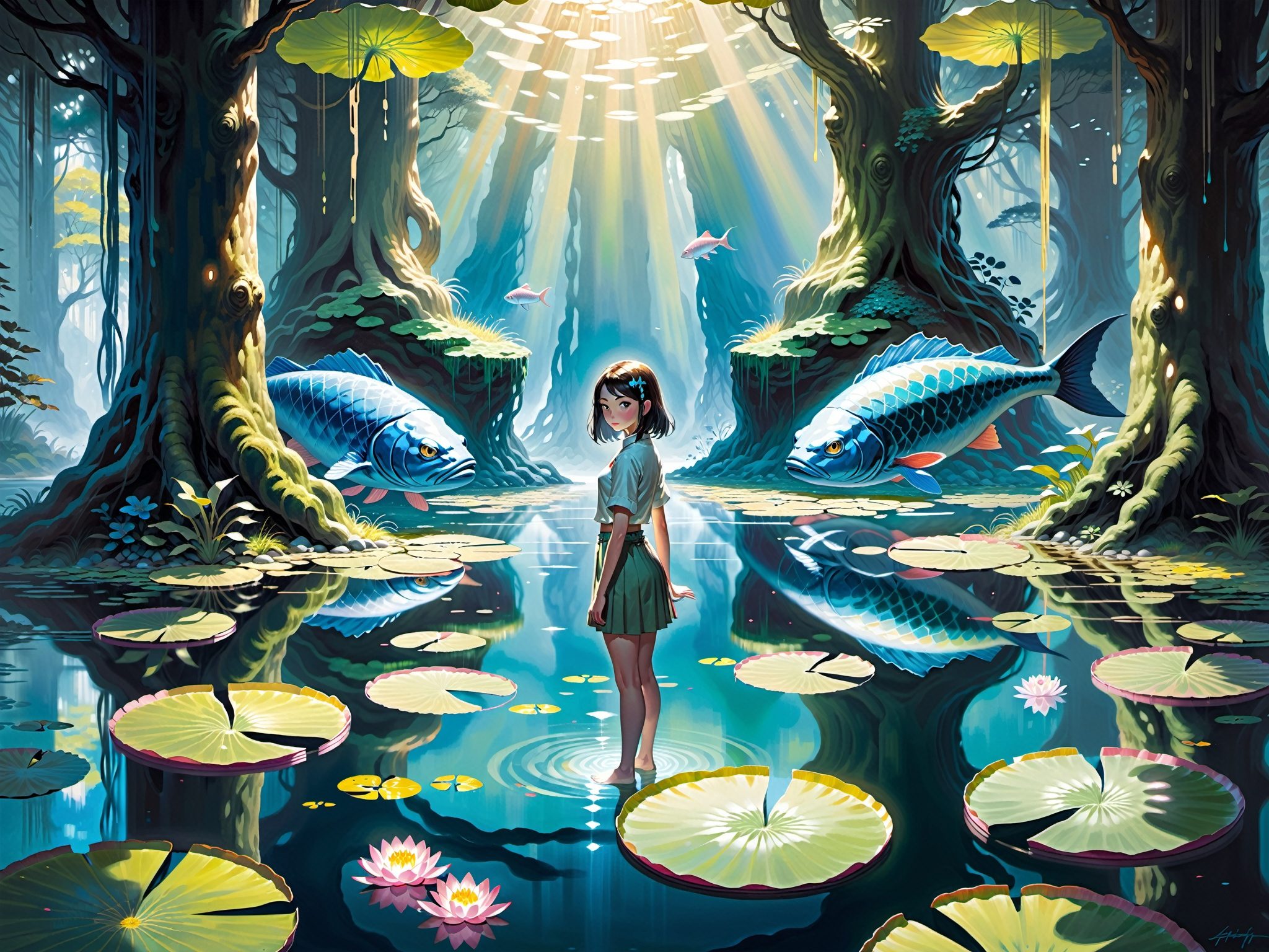 Wide oil painting of a girl looking directly at the viewer,  amidst a setting where gigantic water lilies float on a mysti...