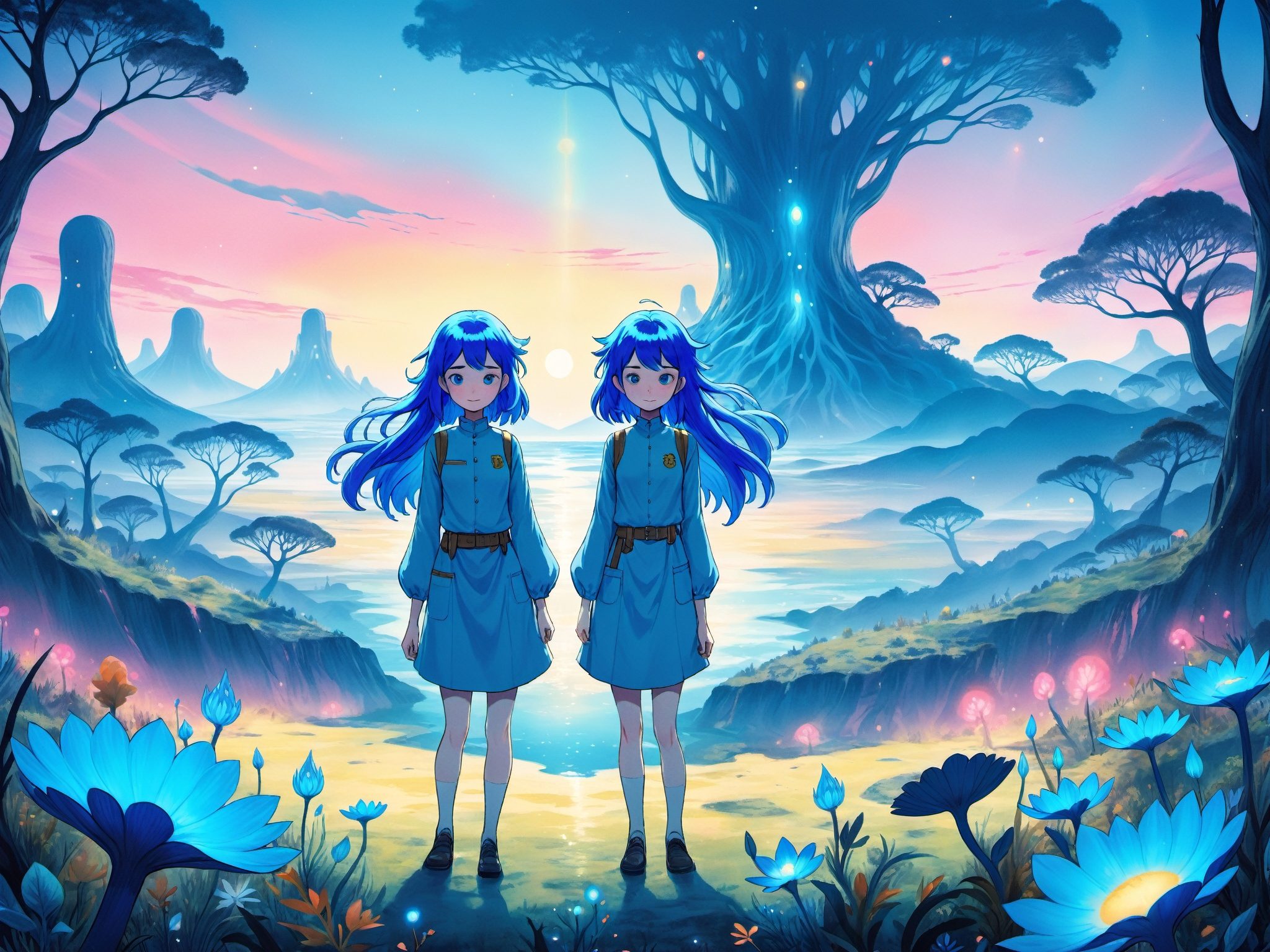 Wide illustration of two blue-haired girls facing the viewer,  standing amidst a surreal landscape with glowing flora and...