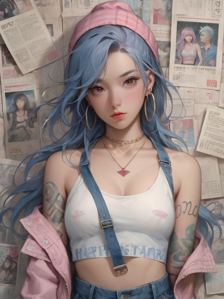 background, 1girl, jewelry, earrings, long hair, solo, looking at viewer, tattoo, breasts, denim, jacket, necklace, red eyes, pants, pink headwear, bare shoulders, closed mouth, paper, blue hair, crop top, upper body, collarbone, jeans, shirt, lips, **** top, off shoulder, pink jacket, medium breasts, belt, arm tattoo, midriff, white shirt, bangs, hoop earrings