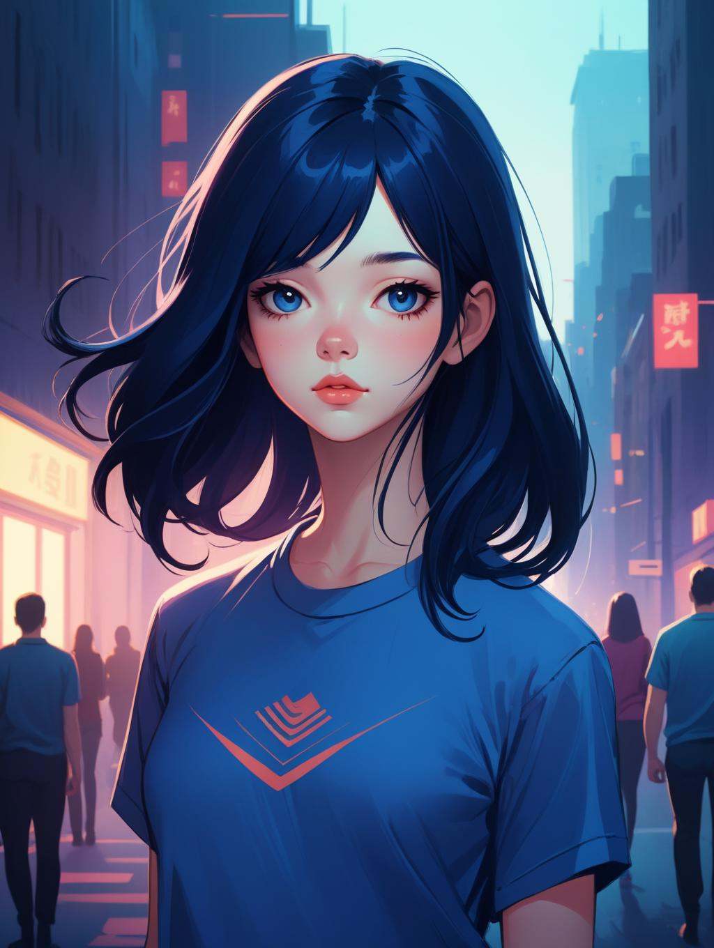 urban school girl in shirt fanart,  dark blue long hair,  muted colors on Tensor.Art