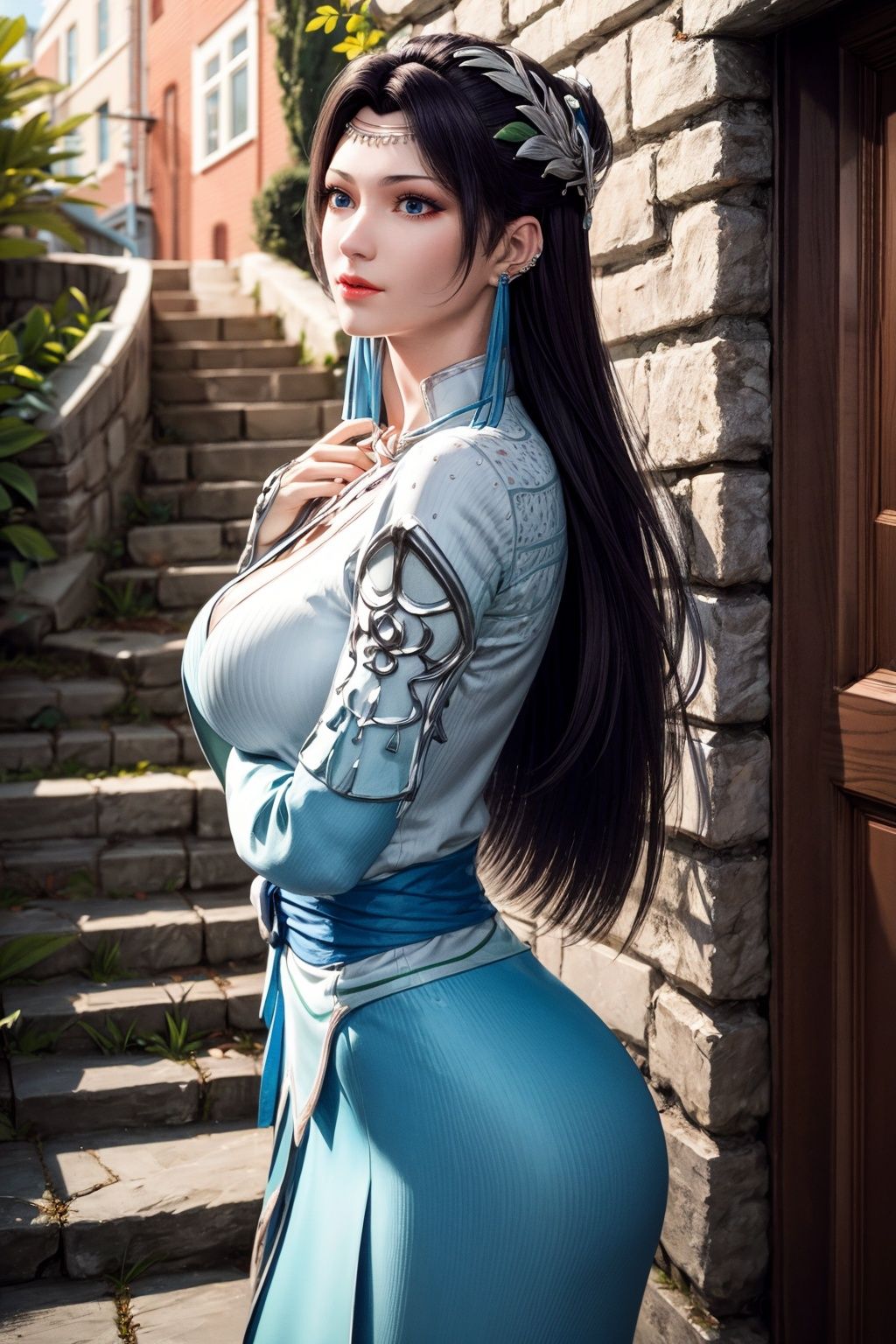 RAW, colorful, (masterpiece, best quality), (ulzzang-6500-v1.1:0.4), (pureerosface_v1:1.1), (detailed skin, detailed face:1.1), dslr, realistic, sharp focus, (cowboy shot:1.4), ---------------------------------------------------------------------------------------------------------------------------------------------------------------------------------------------------------------------------------------------, fengjing, scenery, stairs, door, plant, outdoors, day, stone stairs, window, architecture, sunlight, wall, ---------------------------------------------------------------------------------------------------------------------------------------------------------------------------------------------------------------------------------------------, <lora:yunyun6:0.72>, 1girl, solo, (yunyun:1.1), long hair, jewelry, breasts, earrings, black hair, hair ornament, blue eyes, necklace, ====================================================================================================================================================, <lora:背景细节增强_简化Background Detail Enhanced_Si_v3.0:1.6:lbw=1,0,0,0,0,0,0,0,0,0,0,0,1,1,1,1,1>, <lora:add_detail:0.48:lbw=1,0,0,0,0,0,0,0,0,0,0,0,1,1,1,1,1>, <lora:flat2:-0.48:lbw=1,0,0,0,0,0,0,0,0,0,0,0,1,1,1,1,1>, 