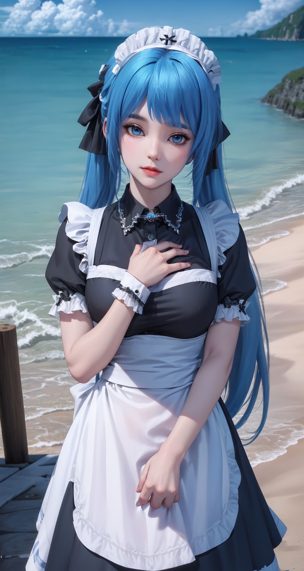 {{hand on own chest}}, 1girl,(((blue_hair))),hair_ornament,very_long_hair,maid,balck eyes,balck_hair,ocean,best quality,photo,4k,(photorealistic:1.2),looking_at_viewer,