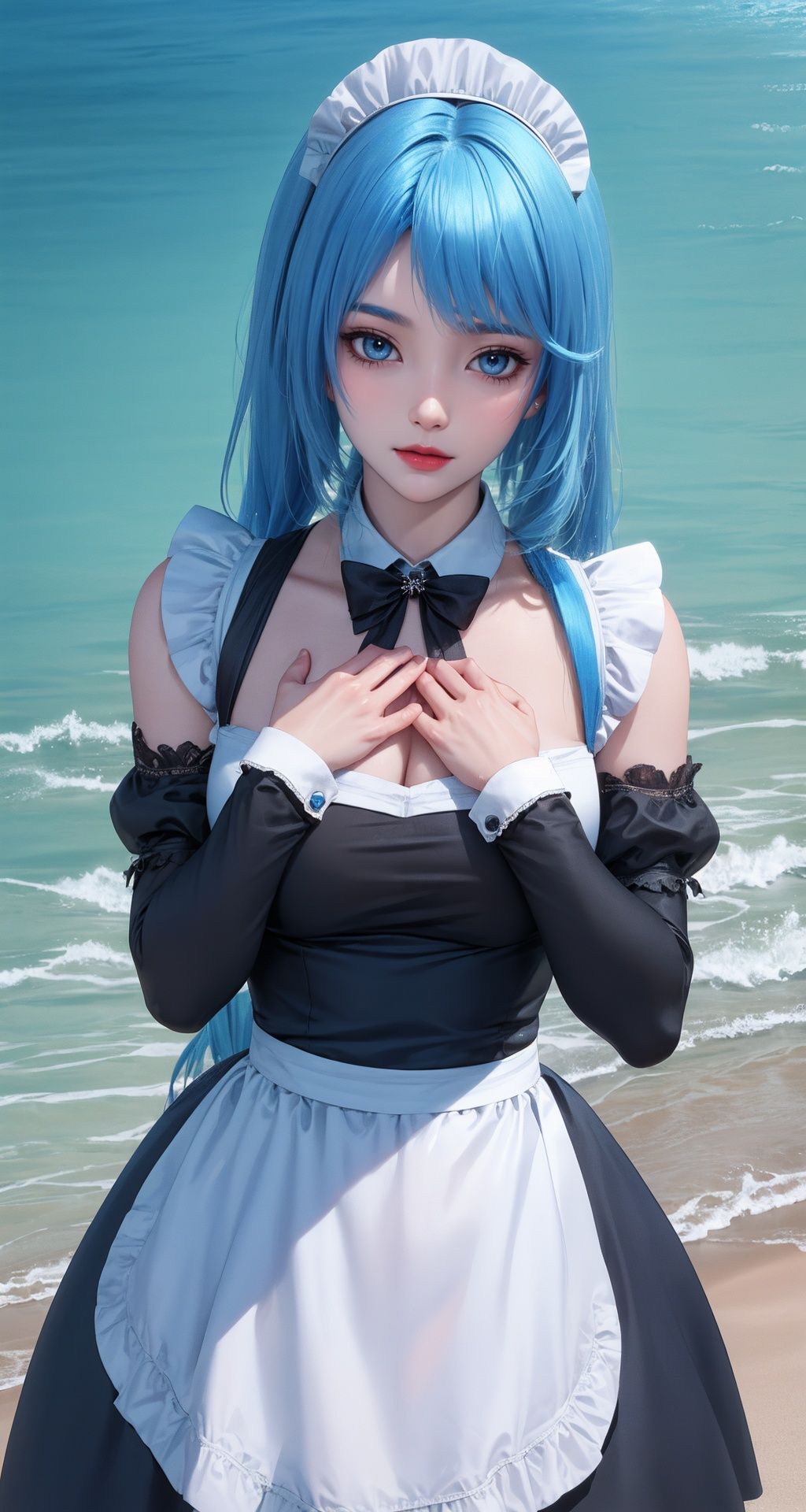 {{hand on own chest}}, 1girl,(((blue_hair))),hair_ornament,very_long_hair,maid,balck eyes,balck_hair,ocean,best quality,photo,4k,(photorealistic:1.2),looking_at_viewer,