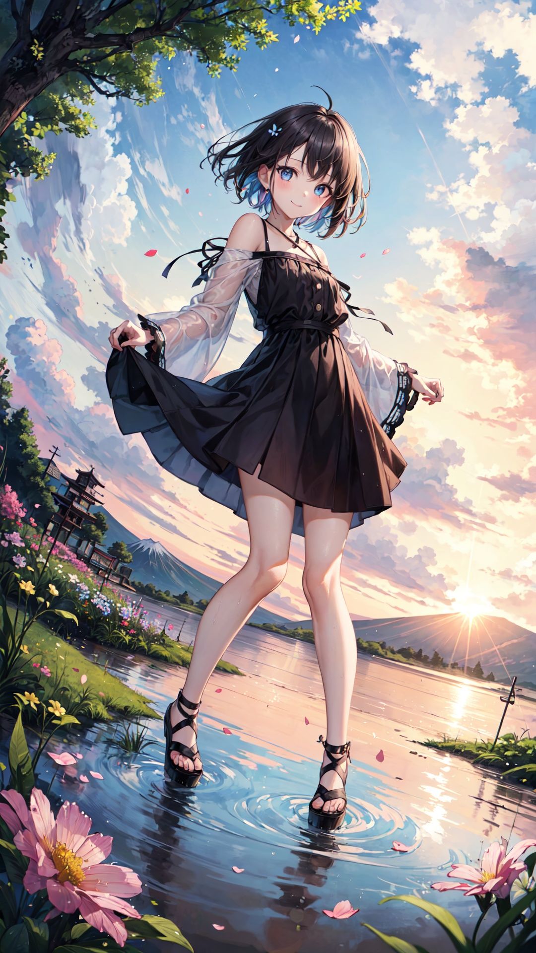 [(white background:1.6)::5],(imid shot:0.95),(full body:1.25),Dynamic angle,[Bottle bottom],upperbody,closed up(falt color:1.3),colorful,floating colorful wind,(Highest picture quality), (Master's work), (Detailed eye description),(imid shot,macro shot:1.25),(8K wallpaper), (Detailed face description),depth of field,(lens flare),floating colorful water,(floating colorful mount fuji:1.3),floating colorful traffic light,roadblock,railing,ruins,moss,floating rain,stream,wilderness,small dust, ((breeze)), wind, summer,sunlight, (blurry background), road by the sea,ruins,station,An abandoned roadside station,Mountains and forests,water,wading,partially_submerged,(Strong sunlight:1.2),(Altocumulus:1.2),bird, butterfly, falling petals,(close-up:1.2),(fisheye:1.2),full body,standing, looking to the side,(((1girl, ))),(((shota))), dark hair, eyes, detailed beautiful eyes,(((Short hair))),smile plunging_neckline,translucent,wet clothes, silver_footwear,