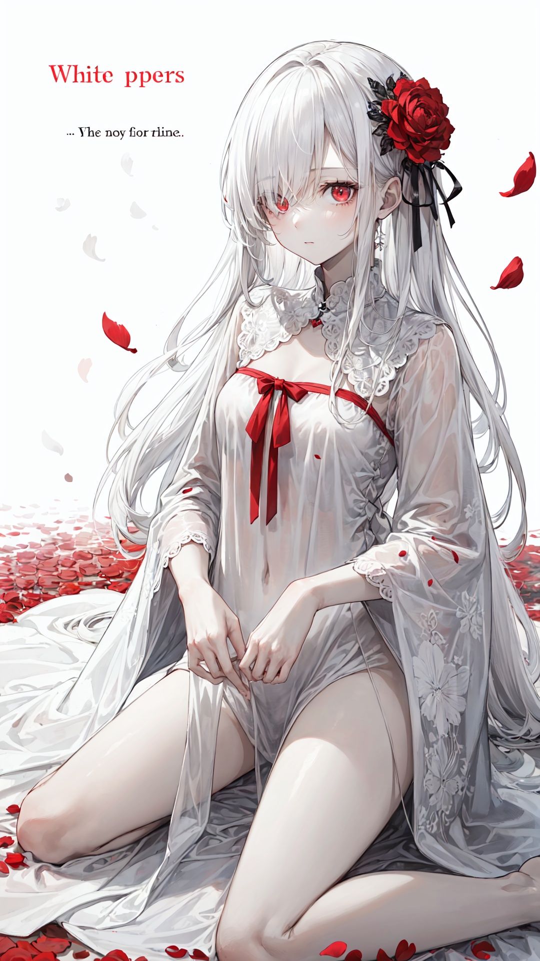 1girl,  red eyes,  white long translucent night gown on Tensor.Art