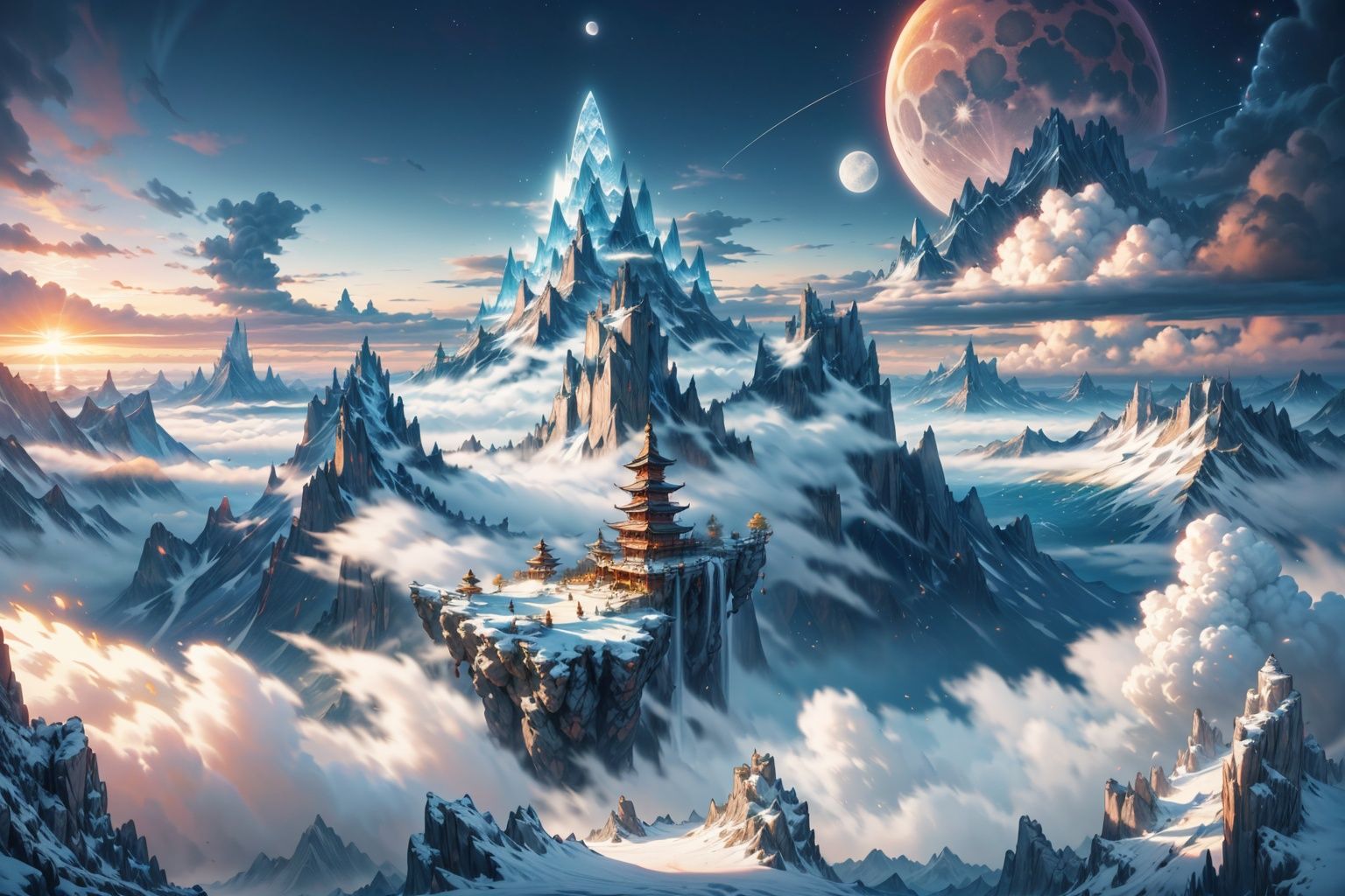 A picture of the landscape showcases towering mountains,  extraordinary peaks,  swirling clouds,  a dazzling sunset,  an ancient pavilion., BJ_Full_Moonmark, tattoo,<lora:EMS-87625-EMS:0.700000>
