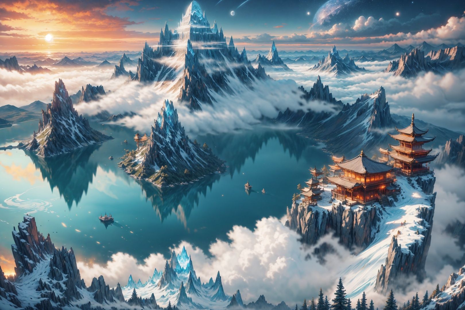 A picture of the landscape showcases towering mountains,  extraordinary peaks,  swirling clouds,  a dazzling sunset,  an ancient pavilion., BJ_Full_Moonmark, tattoo,<lora:EMS-87625-EMS:0.700000>