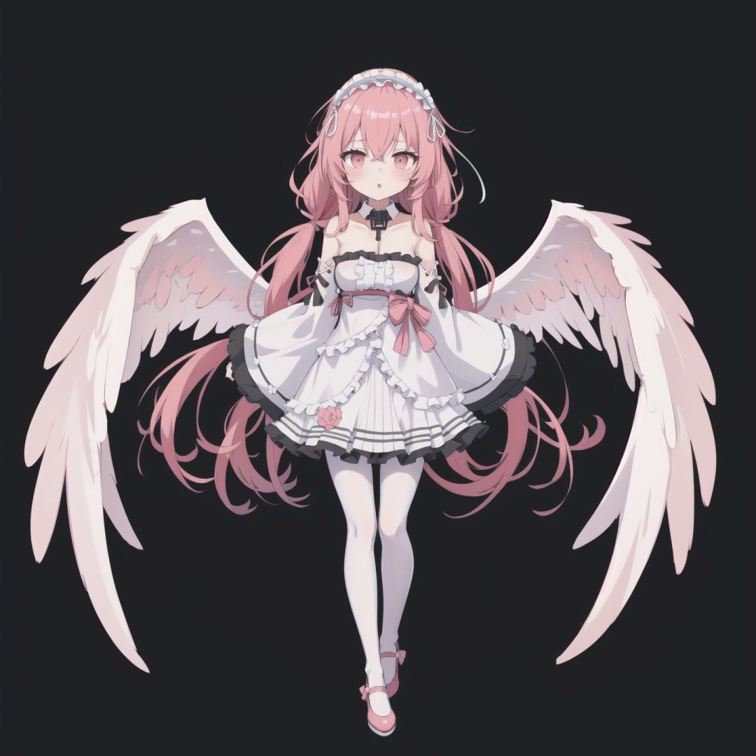  pink hair, key necklace, hairband, 1girl, solo, long hair, looking at viewer, blush, bangs, simple background, red eyes, long sleeves, dress, hair between eyes, bare shoulders, very long hair, standing, collarbone, full body, pantyhose, frills, parted lips, detached sleeves, wings, shoes, wide sleeves, pink eyes, white dress, :o, collar, sleeves past wrists, strapless, frilled dress, black background, red footwear, strapless dress, feathered wings, white pantyhose, white sleeves, angel wings, white wings, pink footwear, frilled hairband,pink hair