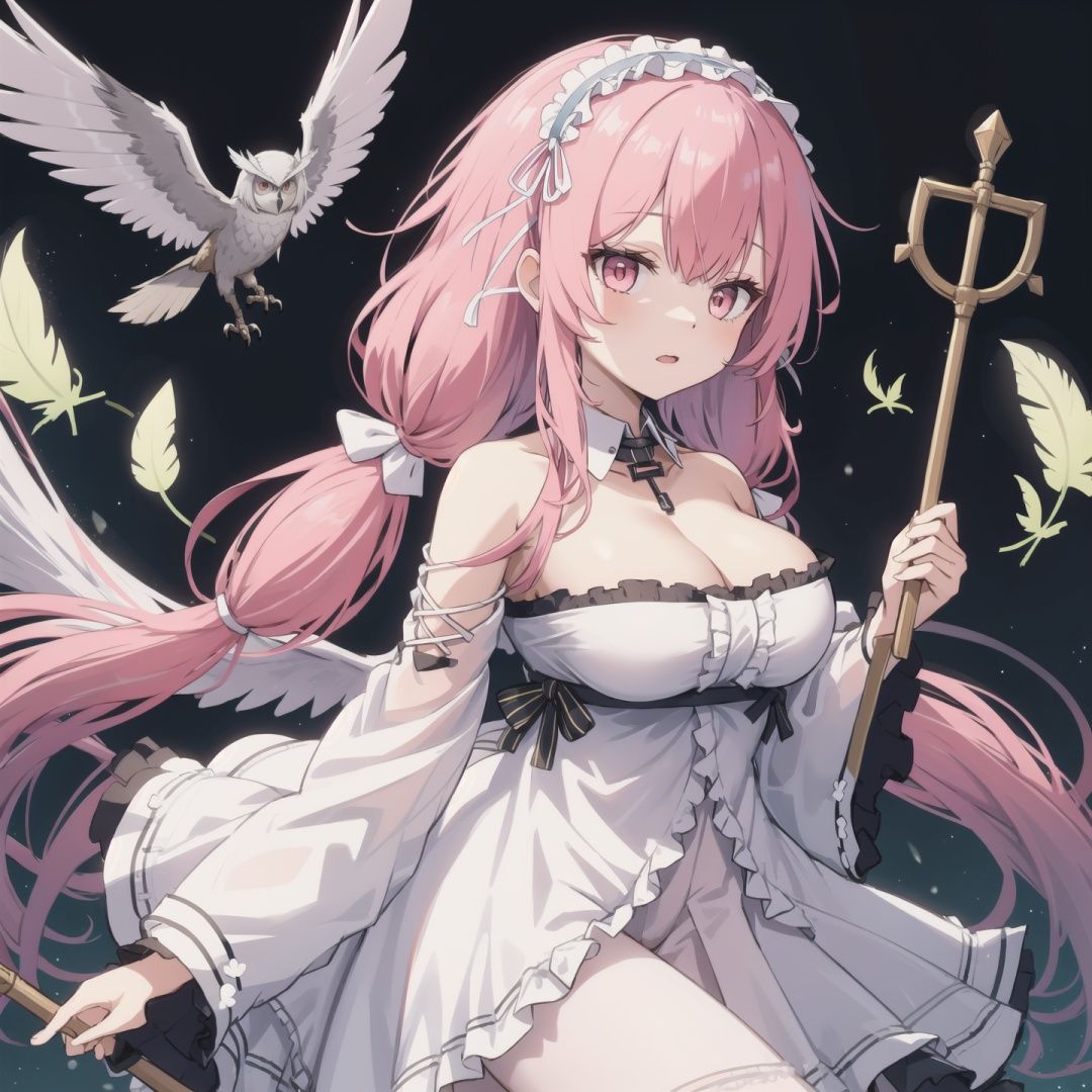  pink hair, key necklace, hairband, 1girl, solo, long hair, breasts, large breasts, long sleeves, dress, holding, cleavage, bare shoulders, twintails, very long hair, frills, detached sleeves, wings, wide sleeves, pink eyes, white dress, strapless, detached collar, bird, frilled dress, feathers, staff, feathered wings, holding staff, frilled hairband, owl