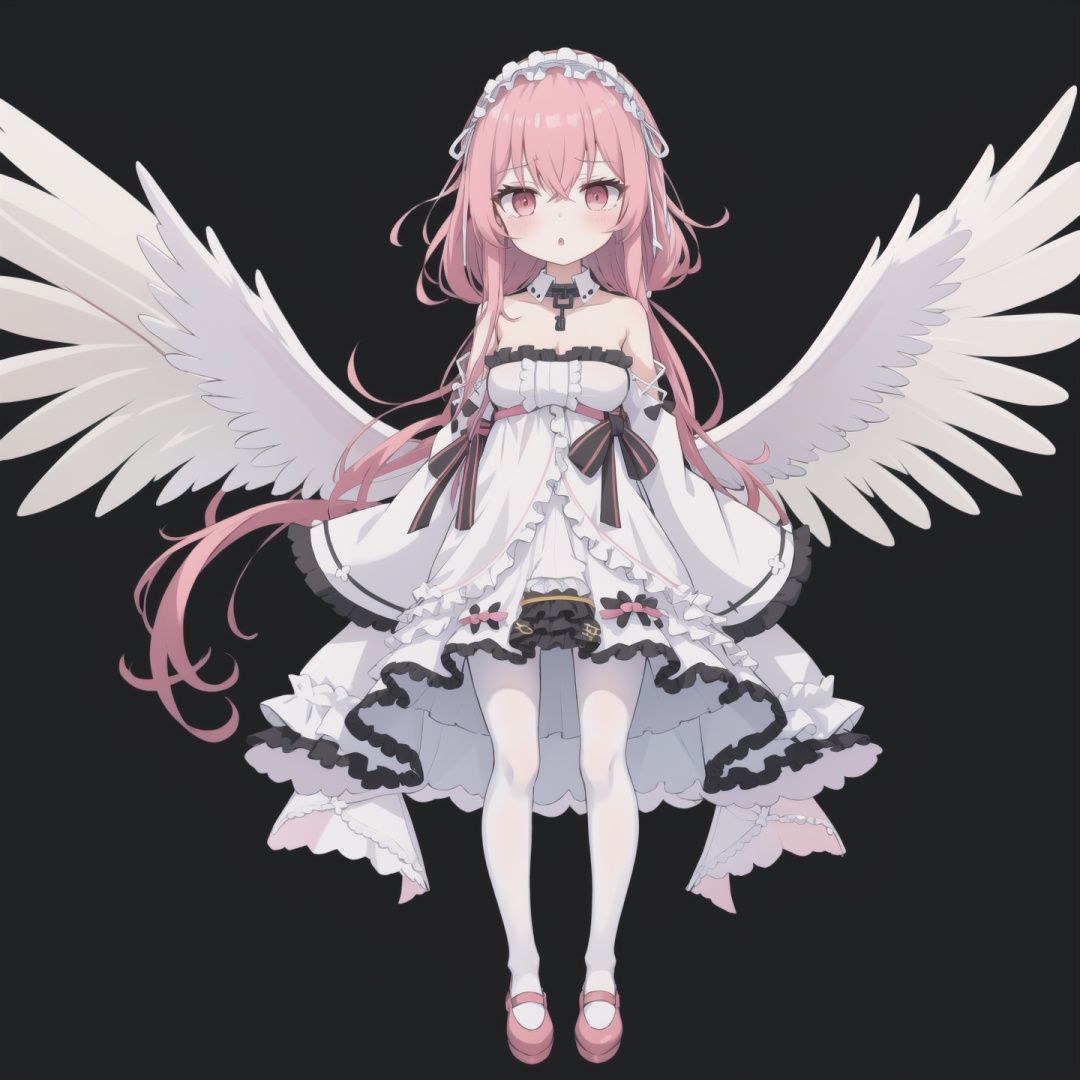  pink hair, key necklace, hairband, 1girl, solo, long hair, looking at viewer, blush, bangs, simple background, red eyes, long sleeves, dress, hair between eyes, bare shoulders, very long hair, standing, collarbone, full body, pantyhose, frills, parted lips, detached sleeves, wings, shoes, wide sleeves, pink eyes, white dress, :o, collar, sleeves past wrists, strapless, frilled dress, black background, red footwear, strapless dress, feathered wings, white pantyhose, white sleeves, angel wings, white wings, pink footwear, frilled hairband