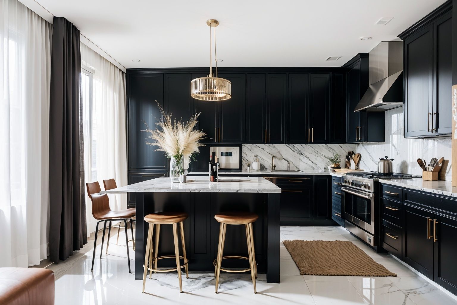 Kitchen, white marble walls, marble floor, black cabinets, metallic texture,
,(masterpiece), (best quality: 1.2), (ultra-high resolution: 1.2), (realistic: 1.2), (8k: 1.2),nsanely detailed, hyper quality, ultra detailed, 
,depth of field