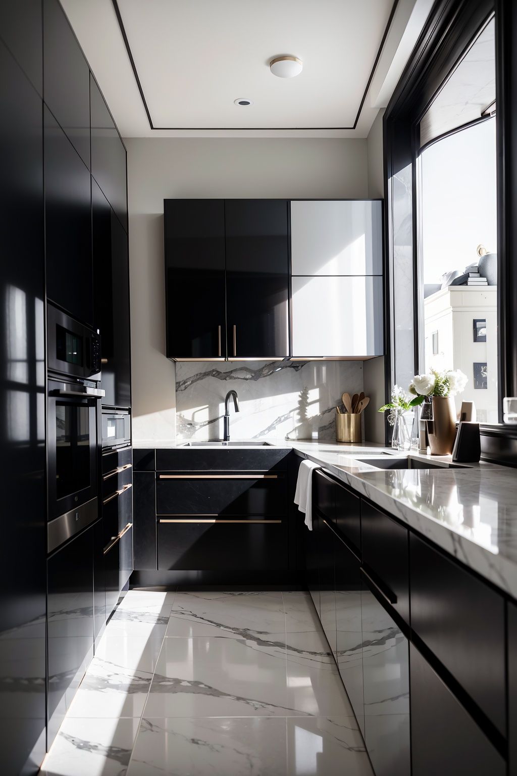 Kitchen, white marble walls, marble floor, black cabinets, metallic texture,(masterpiece), (best quality: 1.2), (ultra-high resolution: 1.2), (realistic: 1.2), (8k: 1.2),nsanely detailed, hyper quality, ultra detailed,
