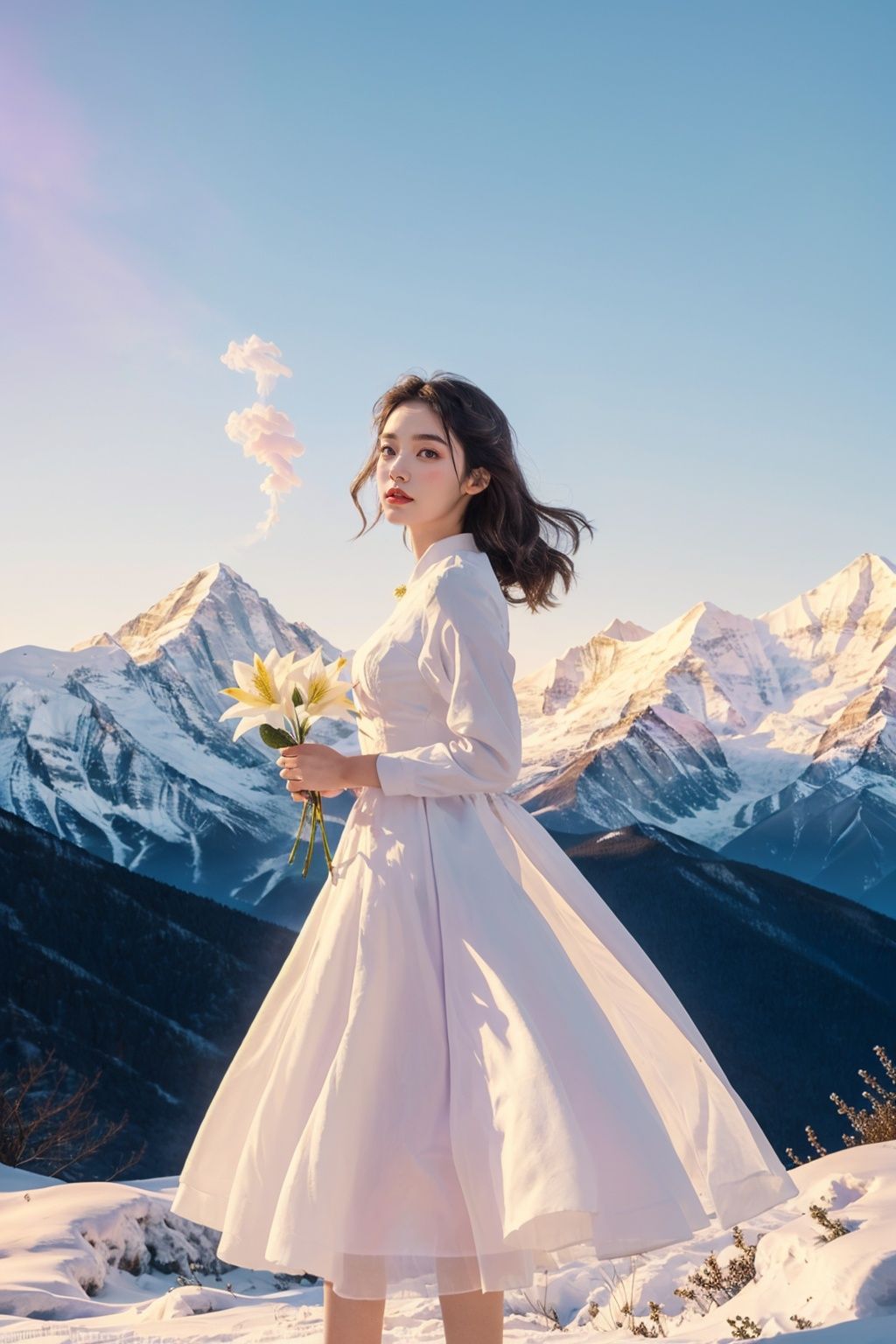  Bestquality, masterpiece, 1girl, beautiful_face, eyebrows_visible_through_hair, lily_\(flower\), dress, holding_flower, from_side, sparkling dress, Giant clove flower, Lilac flower, Lilac flower,Snow-capped mountains, sunshine mountains, golden sunshine, flowing skirts,（smoke）,Giant flowers,