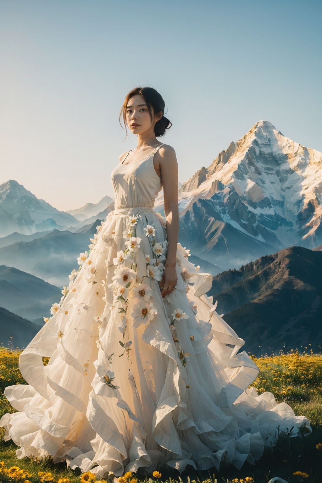  a girl,Mountain, nature, no one, outdoors, scenery, sky, sunset, sunshine, golden mountain, high-definition, 32k, flowing skirts,（smoke）,Giant flowers,