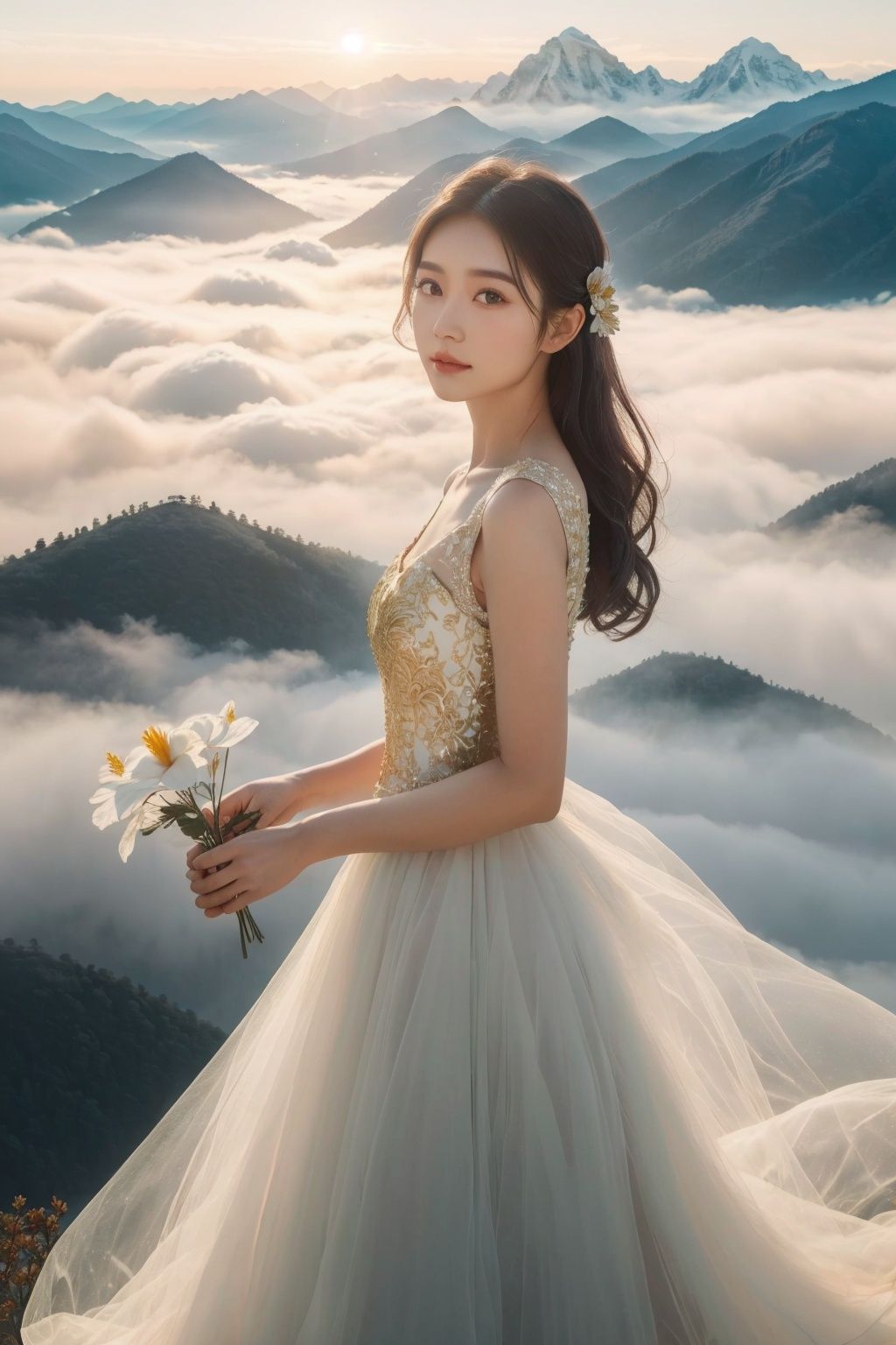  Bestquality, masterpiece, 1girl, beautiful_face, eyebrows_visible_through_hair, lily_\(flower\), dress, holding_flower, from_side, sparkling dress,Sunshine Jinshan, golden sunshine, super beautiful details, unified 8k wallpaper, mountains, landscapes, natural wonders, fog, sea of clouds, winter