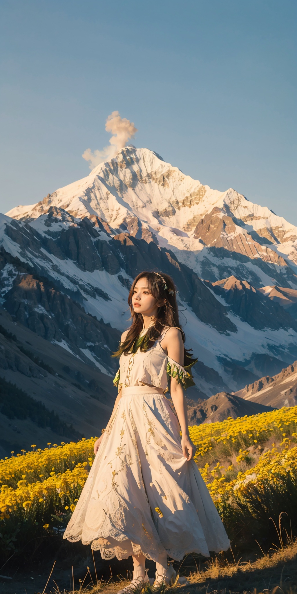  a girl,Mountain, nature, no one, outdoors, scenery, sky, sunset, sunshine, golden mountain, high-definition, 32k, flowing skirts,（smoke）,Giant flowers,