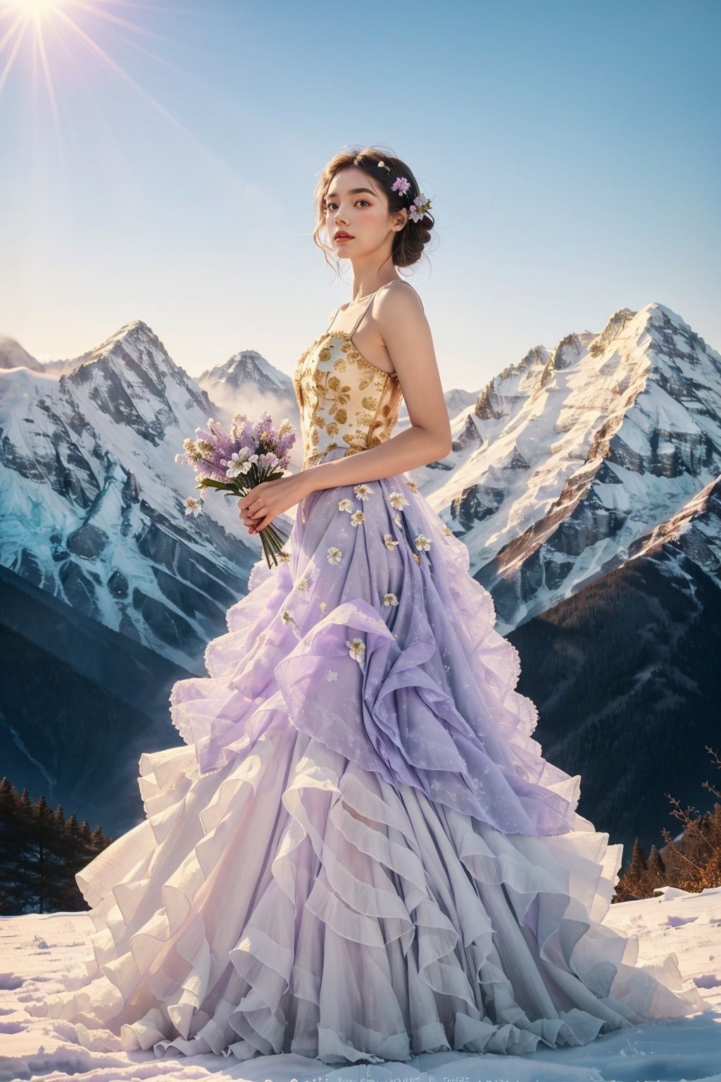  Bestquality, masterpiece, 1girl, beautiful_face, eyebrows_visible_through_hair, lily_\(flower\), dress, holding_flower, from_side, sparkling dress, Giant clove flower, Lilac flower, Lilac flower,Snow-capped mountains, sunshine mountains, golden sunshine, flowing skirts,（smoke）,Giant flowers,