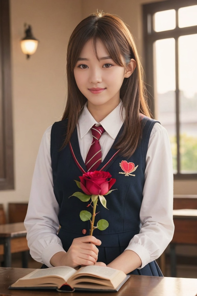 A girl in a school uniform,  holding a rose and a book,  blushing at her first love on Tensor.Art