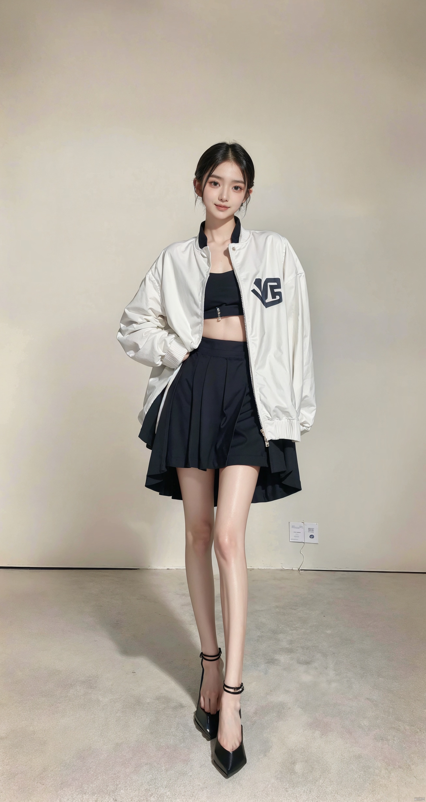  standing, smile, official art, remodernism, cowboy shot, 16yo, high fashion, retro fashion, model pose,(balenciaga:0.5), (PureErosFace:0.7), realistic, 
(white_background)
 illustration, best quality, ultra-detailed, super detailed skin,extremely detailed,8K,solo,1girl, (full body),Fashionable and trendy style,(solo)(A beautiful girl dressed in fashionable fashion is admiring a painting in the exhibition hall:1.4)
(Perfect body shape:1.5)(**** fashion:2),Short skirts, stockings, jackets,