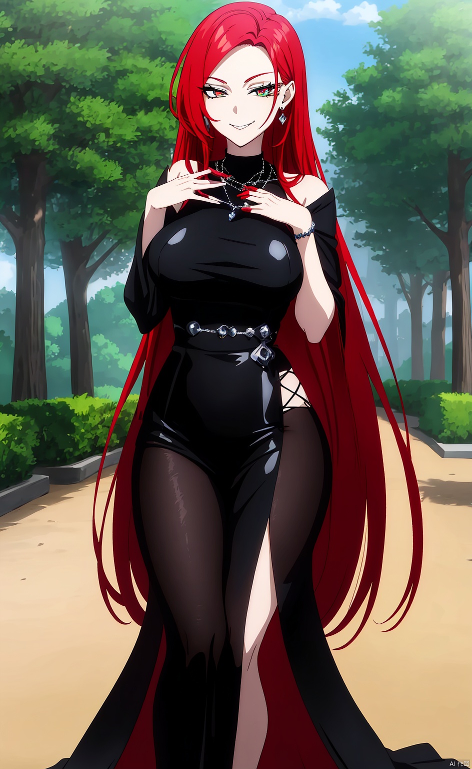 anime, fantasy, magic, fairytale, a photo of a very sexy young red hair beauty,. she is slightly smiling.she is wearing black clothes and a jeweled necklace, seductive eyes, in a park.she has beautiful long hair, Centre hair,  seductive eyes,Medium breasts,, 1 girl,hand over heart
