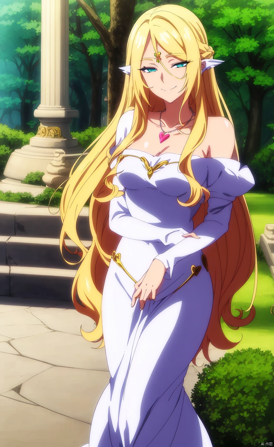 anime, fantasy, magic, fairytale, a photo of a very sexy young blond hair beauty,. she is slightly smiling.she is wearing white clothes and a jeweled necklace, seductive eyes, in a park.she has beautiful long hair, Centre hair,  seductive eyes,Medium breasts,, 1 girl,hand over heart